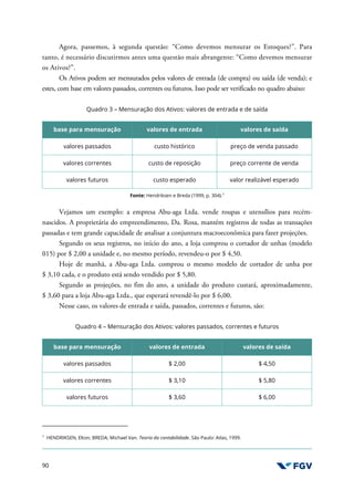 90
Agora, passemos, à segunda questão: “Como devemos mensurar os Estoques?”. Para
tanto, é necessário discutirmos antes uma questão mais abrangente: “Como devemos mensurar
os Ativos?”.
Os Ativos podem ser mensurados pelos valores de entrada (de compra) ou saída (de venda); e
estes, com base em valores passados, correntes ou futuros. Isso pode ser verificado no quadro abaixo:
Quadro 3 – Mensuração dos Ativos: valores de entrada e de saída
base para mensuração valores de entrada valores de saída
valores passados custo histórico preço de venda passado
valores correntes custo de reposição preço corrente de venda
valores futuros custo esperado valor realizável esperado
Fonte: Hendriksen e Breda (1999, p. 304).7
Vejamos um exemplo: a empresa Abu-aga Ltda. vende roupas e utensílios para recém-
nascidos. A proprietária do empreendimento, Da. Rosa, mantém registros de todas as transações
passadas e tem grande capacidade de analisar a conjuntura macroeconômica para fazer projeções.
Segundo os seus registros, no início do ano, a loja comprou o cortador de unhas (modelo
015) por $ 2,00 a unidade e, no mesmo período, revendeu-o por $ 4,50.
Hoje de manhã, a Abu-aga Ltda. comprou o mesmo modelo de cortador de unha por
$ 3,10 cada, e o produto está sendo vendido por $ 5,80.
Segundo as projeções, no fim do ano, a unidade do produto custará, aproximadamente,
$ 3,60 para a loja Abu-aga Ltda., que esperará revendê-lo por $ 6,00.
Nesse caso, os valores de entrada e saída, passados, correntes e futuros, são:
Quadro 4 – Mensuração dos Ativos: valores passados, correntes e futuros
base para mensuração valores de entrada valores de saída
valores passados $ 2,00 $ 4,50
valores correntes $ 3,10 $ 5,80
valores futuros $ 3,60 $ 6,00
7
HENDRIKSEN, Elton; BREDA; Michael Van. Teoria da contabilidade. São Paulo: Atlas, 1999.
 
