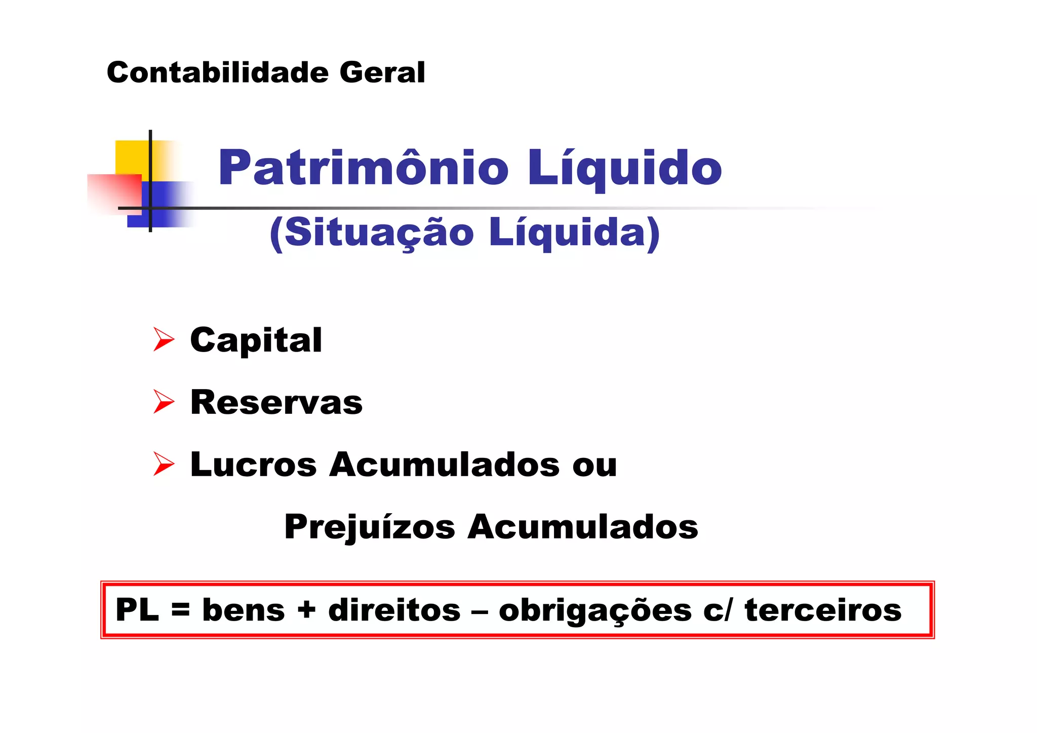 Contabilidade Geral


      Patrimônio Líquido
         (Situação Líquida)

    Capital
    Reservas
    Lucros Acumulados ou
          Prejuízos Acumulados

PL = bens + direitos – obrigações c/ terceiros
 
