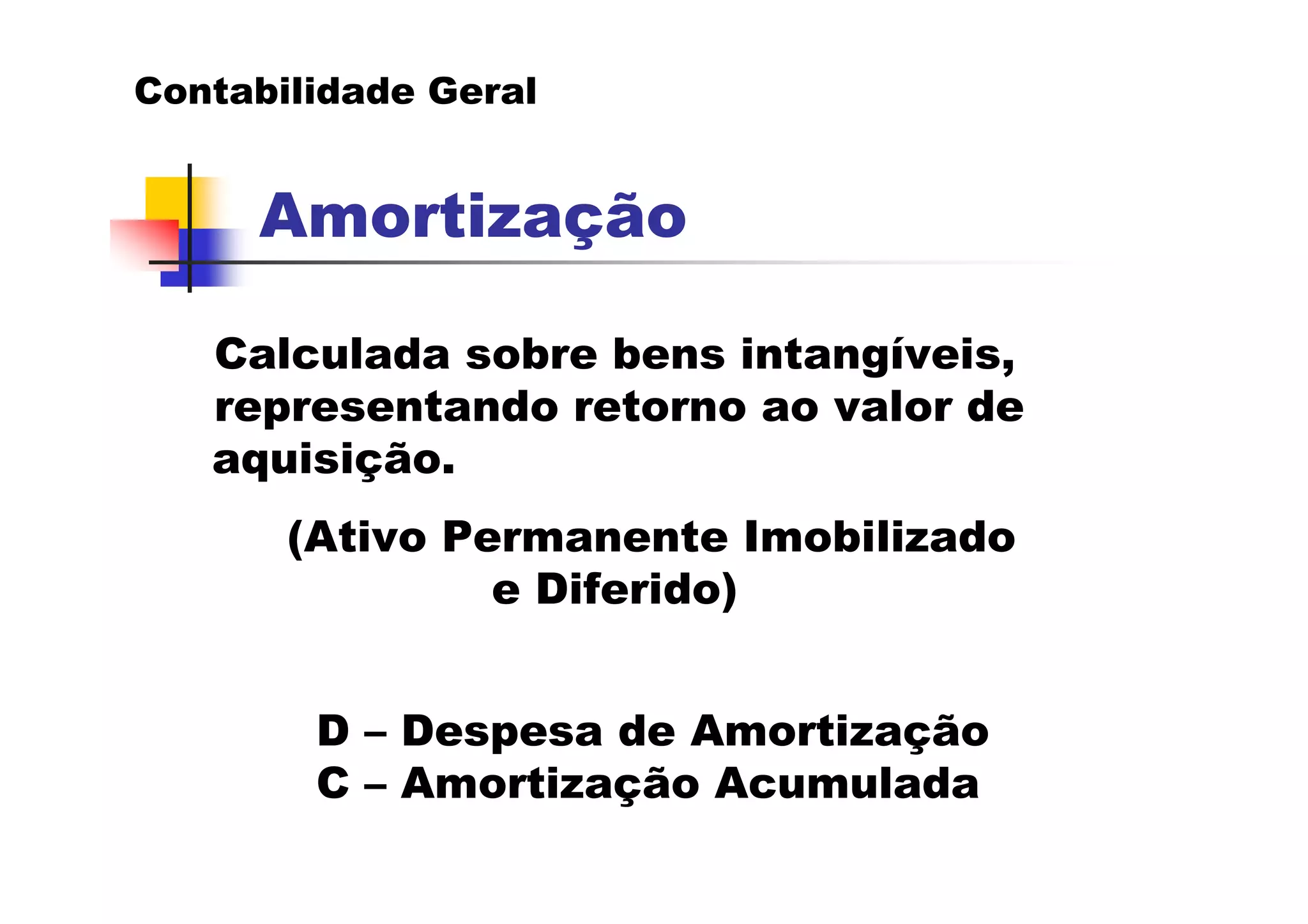Contabilidade Geral


     Amortização

   Calculada sobre bens intangíveis,
   representando retorno ao valor de
   aquisição.
       (Ativo Permanente Imobilizado
                e Diferido)


        D – Despesa de Amortização
        C – Amortização Acumulada
 