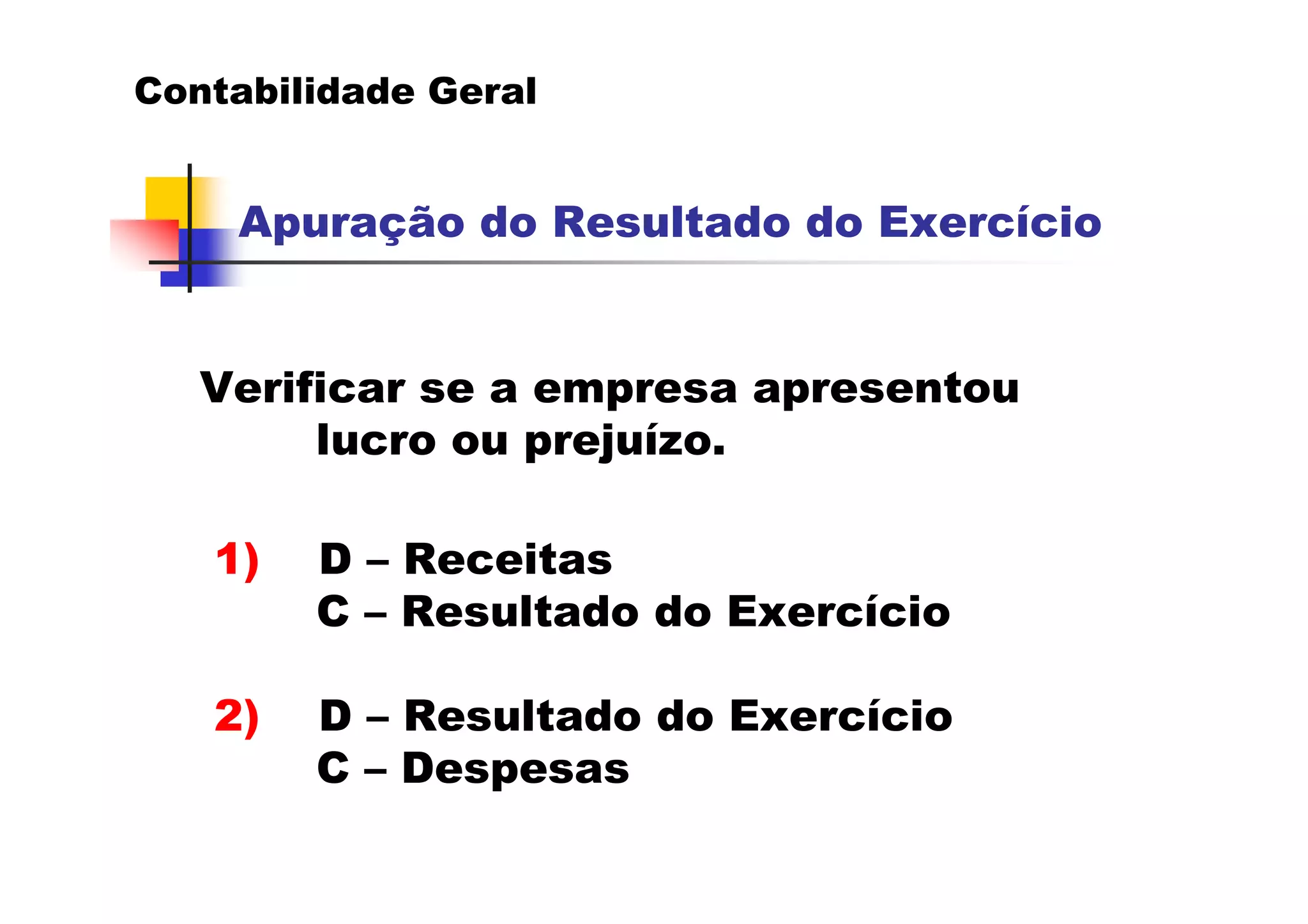 Contabilidade Geral


    Apuração do Resultado do Exercício


   Verificar se a empresa apresentou
        lucro ou prejuízo.

   1)   D – Receitas
        C – Resultado do Exercício

   2)   D – Resultado do Exercício
        C – Despesas
 