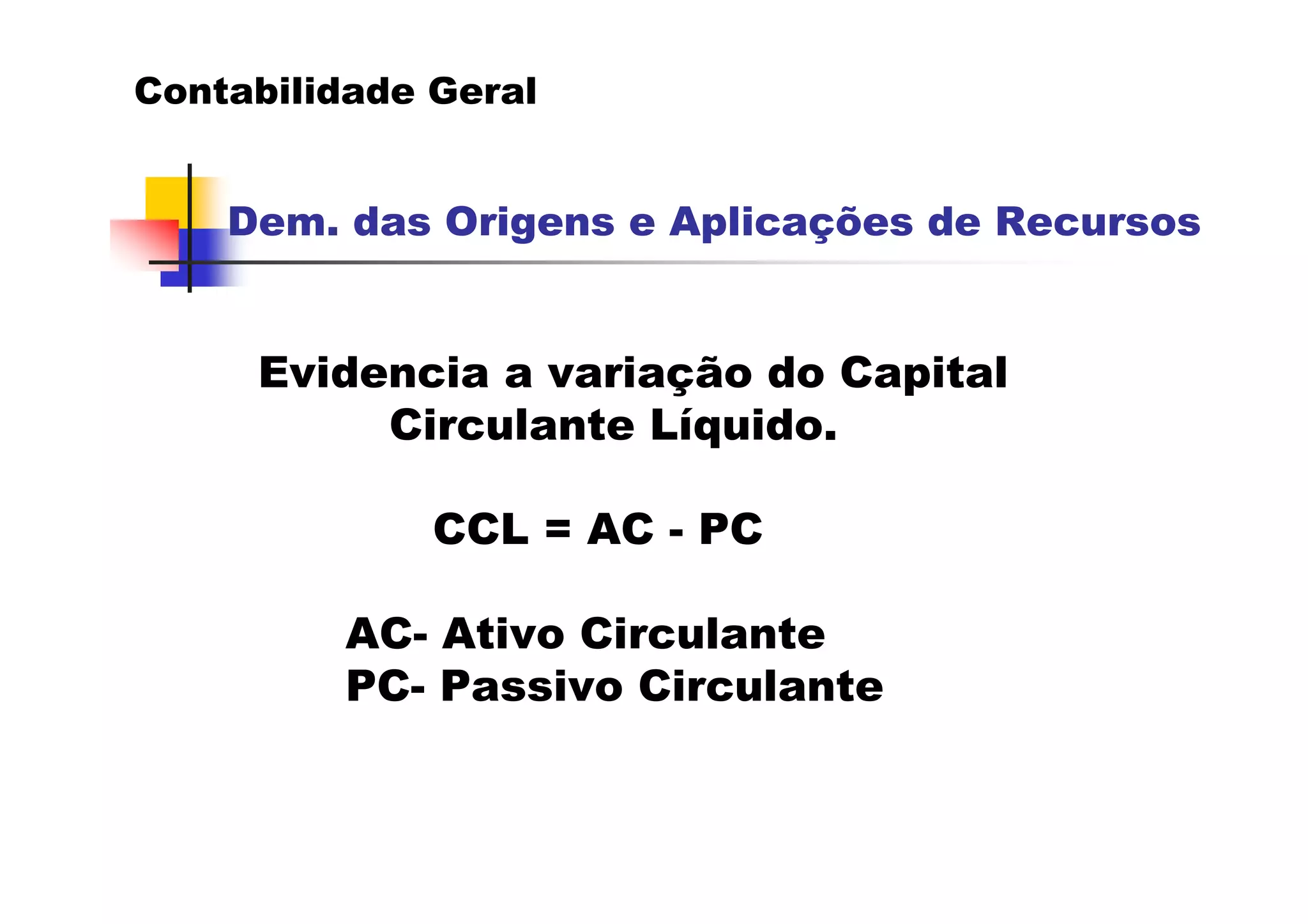 Contabilidade Geral


    Dem. das Origens e Aplicações de Recursos


     Evidencia a variação do Capital
          Circulante Líquido.

              CCL = AC - PC

         AC- Ativo Circulante
         PC- Passivo Circulante
 