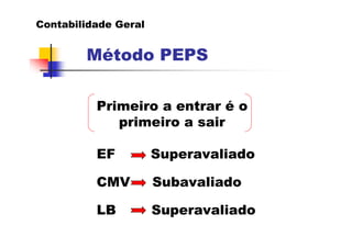 Contabilidade Geral


        Método PEPS

          Primeiro a entrar é o
             primeiro a sair

          EF          Superavaliado

          CMV         Subavaliado

          LB          Superavaliado
 