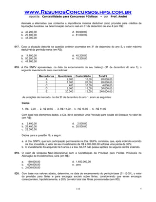 www.ResumosConcursos.hpg.com.br
            Apostila: Contabilidade para Concursos Públicos             – por    Prof. André

     Assinale a alternativa que contenha a importância máxima dedutível como provisão para créditos de
     liquidação duvidosa, na determinação do lucro real em 31 de dezembro do ano 4 (em R$):

     a. 40.200,00                               d. 69.000,00
     b. 20.700,00                               e. 81.000,00
     c. 45.000,00


017. Caso a situação descrita na questão anterior ocorresse em 31 de dezembro do ano 5, o valor máximo
     dedutível da provisão seria (em R$):

     a. 11.800,00                               d. 40.200,00
     b. 50.200,00                               e. 10.200,00
     c. 41.800,00

018. A Cia SNPV apresentava, na data do encerramento de seu balanço (31 de dezembro do ano 1), o
     seguinte inventario de sues mercadorias:

                    Mercadorias     Quantidade Custo Médio             Total $
                         A                 2.000      10,00              20.000,00
                         B                 1.000      20,00              20.000,00
                        C                    400      10,00               4.000,00
                        D                  2.000      15,00              30.000,00
                         E               20.000       12,00             240.000,00

      As cotações de mercado, no dia 31 de dezembro do ano 1, eram as seguintes:

     Dados:

     1. R$ 9,00 – 2. R$ 20,00 – 3. R$ 11,00 – 4. R$ 16,00 – 5. R$ 11,00

     Com base nos elementos dados, a Cia. deve constituir uma Provisão pare Ajuste de Estoque no valor de
     (em R$):

     a. 2.400,00                                d. 2.000,00
     b. 26.400,00                               e. 20.000,00
     c. 22.000,00

     Dados para a questão 19, a seguir:

     a. A Cia. SNPV, que tem participação permanente na Cia. SILPA, constatou que, após incêndio ocorrido
        na Cia. investida, o valor de seu investimento de R$ 2.000.000,00 sofreria uma perda de 30%;
     b. O investimento foi adquirido há 5 anos e a Cia. SILPA não possui apólice de seguros contra incêndio.

019. O valor da Despesa Não-Operacional com a Constituição da Provisão pare Perdas Prováveis na
     Alienação de Investimentos, será (em R$):

     a. 180.000,00                              d. 1.400.000,00
     b. 600.000,00                              e. zero
     c. 2.000.000,00

020. Com base nos valores abaixo, determine, na data do encerramento do período-base (31-12-X1), o valor
     da provisão para férias e para encargos sociais sobre férias, considerando que esses encargos
     correspondem, hipoteticamente, a 20% do valor total das férias provisionadas (em R$):


                                                   110                                                     !
 