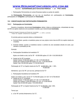 www.ResumosConcursos.hpg.com.br
               Apostila: Contabilidade para Concursos Públicos              – por    Prof. André

         – Participações Permanentes em outras Empresas (ações ou quotas de capital) .

       As Participações Permanentes, por sua vez, se classificam em: participações em Controladas,
participações em Coligadas e participações em Associadas.


15.5 CONCEITUAÇÃO DAS PARTICIPAÇÕES PERMANENTES

15.5.1      Participações em Controladas

     Quando a investidora, denominada Controladora, detiver, direta ou indiretamente, a titularidade de mais
de 50% do capital votante de uma sociedade investida, que é denominada Controlada.

  Total do Capita l Votante em Pode da Investida
                                                 =+ 50% controle
      Total do Capital Votante da Investida



         O controle pode ser exercido direta ou indiretamente:

         a. Controle Direto: quando a investidora possui em seu próprio nome mais de 50% do capital votante da
            investida;

         b. Controle Indireto: quando a investidora exerce o controle de uma sociedade através de outra, que
            também é controlada por ela.

         Exemplo:

         a. Participações Societárias da Investidora "A"

            Ações com direito a voto, da Cia "B" 42.000.000 ações x $ 1,00 = $ 42.000.000,00

         b. Capital da Cia "B" (investida)
            Capital Votante 70.000.000 ações x $ 1,00 = $ 70.000.000,00
            Capital não Votante 30.000.000 ações x $ 1,00 = $ 30.000.000,00
            Capital Total 100.000.000 ações = $ 100.000.000,00

         Participação de "A" no Capital votante da Cia "B" 42.000.000 x 100 = 60%
                                                              70.000.000

         Admitamos que a Cia "B", por sua vez, participe da Cia "C":

         c. Participações Societárias da Investidora "B"

         Ações com direito a voto, da Cia "C" 15.750.000 ações x $ 1,00 = $ 15.750.000,00
         d. Capital da Cia "C" (investida)
            Capital Votante 17.500.000 ações x $ 1,00 = $ 17.500.000,00
            Capital não Votante 12.500.000 ações x $ 1,00 = $ 12.500.000,00
            Capital Total 30.000.000 ações = $ 30.000.000,00

         Participação de "B" no Capital Votante da Cia "C" 15.750.000 x 100 = 90%
                                                              17.500.000

         Temos que:

         a. a Cia "B" controla diretamente a Cia "C";


                                                           152                                              !
 