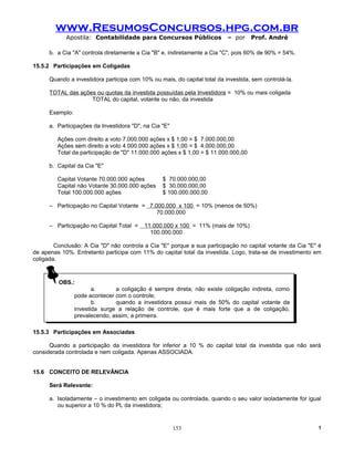 www.ResumosConcursos.hpg.com.br
            Apostila: Contabilidade para Concursos Públicos                – por    Prof. André

      b. a Cia "A" controla diretamente a Cia "B" e, indiretamente a Cia "C", pois 60% de 90% = 54%.

15.5.2 Participações em Coligadas

      Quando a investidora participa com 10% ou mais, do capital total da investida, sem controlá-la.

      TOTAL das ações ou quotas da investida possuídas pela Investidora = 10% ou mais coligada
                    TOTAL do capital, votante ou não, da investida

      Exemplo:

      a. Participações da Investidora "D", na Cia "E"

         Ações com direito a voto 7.000.000 ações x $ 1,00 = $ 7.000.000,00
         Ações sem direito a voto 4.000.000 ações x $ 1,00 = $ 4.000.000,00
         Total da participação de "D" 11.000.000 ações x $ 1,00 = $ 11.000.000,00

      b. Capital da Cia "E"

         Capital Votante 70.000.000 ações         $ 70.000.000,00
         Capital não Votante 30.000.000 ações     $ 30.000.000,00
         Total 100.000.000 ações                  $ 100.000.000,00

      – Participação no Capital Votante = 7.000.000 x 100 = 10% (menos de 50%)
                                             70.000.000

      – Participação no Capital Total =    11.000.000 x 100 = 11% (mais de 10%)
                                             100.000.000

        Conclusão: A Cia "D" não controla a Cia "E" porque a sua participação no capital votante da Cia "E" é
de apenas 10%. Entretanto participa com 11% do capital total da investida. Logo, trata-se de investimento em
coligada.



         OBS.:
          OBS.:
                        a.
                         a.      aa coligação éé sempre direta; não existe coligação indireta, como
                                     coligação sempre direta; não existe coligação indireta, como
                 pode acontecer com oocontrole;
                  pode acontecer com controle;
                        b.
                         b.      quando aa investidora possui mais de 50% do capital votante da
                                  quando     investidora possui mais de 50% do capital votante da
                 investida surge aa relação de controle, que éé mais forte que aa de coligação,
                  investida surge     relação de controle, que     mais forte que      de coligação,
                 prevalecendo, assim, aaprimeira.
                  prevalecendo, assim, primeira.

15.5.3 Participações em Associadas

      Quando a participação da investidora for inferior a 10 % do capital total da investida que não será
considerada controlada e nem coligada. Apenas ASSOCIADA.


15.6 CONCEITO DE RELEVÂNCIA

      Será Relevante:

      a. Isoladamente – o investimento em coligada ou controlada, quando o seu valor isoladamente for igual
         ou superior a 10 % do PL da investidora;


                                                        153                                                !
 
