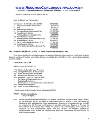 www.ResumosConcursos.hpg.com.br
              Apostila: Contabilidade para Concursos Públicos            – por   Prof. André

         Provisão p/ IR sobre o Lucro Real 40.000,00


      Base de Cálculo das Participações:

      Lucro Líquido do Período, antes da PIR             220.000,00
      (-) Prejuízos Contábeis Acumulados                    (2.222,23)
      (-) PIR                                              40.000,00
      (=) Base de Cálculo Inicial                        177.777,77
      (-) Participação de Debêntures (10%)                (17.777,77)
      (=) Nova Base de Cálculo                           160.000,00
      (-) Participação de Empregados (5%)                   (8.000,00)
      (=) Nova Base de Cálculo                           152.000,00
      (-) Participação de Administradores (10%)          (15.200,00)
      (=) Nova Base de Cálculo                           136.800,00
      (-) Partic. de Partes Beneficiárias (10%)          (13.680,00)
      (=) Nova Base de Cálculo                           123.120,00
      (-) Partic. de Fundos de Previdência (10%)         (12.312,00)
                                                         110.808,00

16.4 DEMONSTRAÇÃO DE LUCROS OU PREJUÍZOS ACUMULADOS (DLPA)

       Essa demonstração tem por objetivo evidenciar as operações que influenciaram na modificação do saldo
da conta Lucros ou Prejuízos Acumulados. Essa demonstração deve, também, revelar o dividendo por ação do
capital realizado.

      ESTRUTURA DA DLPA

      Saldo no Início do Período (+/-)

      (+/-)   Ajustes de Períodos-base Anteriores
      (+/-)   Correção Monetária do Saldo Inicial
      (=)     Saldo Inicial Ajustado e Corrigido
      (+)     Reversão de Reservas de Lucros
      (+/-)   Resultado Líquido do Exercício (DRE)
      (-)     Formação de Reservas de Lucros
      (-)     Capitalização de Lucros
      (-)     Dividendos ou Lucros Distribuídos ou Creditados*
      (+/-)   Outras Movimentações
      (=)     Saldo no Final do Período (+/-)

      * Dividendo por Ação do Capital Social Realizado (DACSR)

      DACSR = Dividendos Creditados
                NA (No de Ações)

      OBS.: Ajustes de Períodos-base Anteriores – são aqueles decorrentes de mudança de critério contábil,
            ou de retificação de erro imputável a determinado exercício anterior, e que não possa ser
            atribuído a fatos subseqüentes. Esses ajustes podem decorrer de erro ocasionado por omissão
            de lançamentos de Receitas ou Despesas de períodos anteriores. Segundo o Princípio de
            Competência de Exercícios, tais valores não poderão ser contabilizados como receitas ou
            despesas do atual período-base, motivo pelo qual deverão ser lançados, positiva ou
            negativamente, como ajustes de períodos-base anteriores, diretamente na conta Lucros ou
            Prejuízos Acumulados.


                                                       169                                               !
 