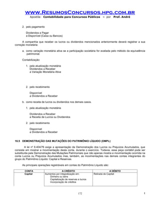 www.ResumosConcursos.hpg.com.br
            Apostila: Contabilidade para Concursos Públicos             – por    Prof. André


     2. pelo pagamento

        Dividendos a Pagar
        a Disponível (Caixa ou Bancos)

      A companhia que receber os lucros ou dividendos mencionados anteriormente deverá registrar a sua
correção monetária:

     a. como variação monetária ativa se a participação societária for avaliada pelo método da equivalência
        patrimonial.

     Contabilização:

        1. pela atualização monetária
           Dividendos a Receber
           a Variação Monetária Ativa




        2. pelo recebimento

           Disponível
           a Dividendos a Receber

     b. como receita de lucros ou dividendos nos demais casos.

        1. pela atualização monetária

           Dividendos a Receber
           a Receita de Lucros ou Dividendos

        2. pelo recebimento

           Disponível
           a Dividendos a Receber


16.5 DEMONSTRAÇÃO DAS MUTAÇÕES DO PATRIMÔNIO LÍQUIDO (DMPL)

        A lei no 6.404/76 exige a apresentação da Demonstração dos Lucros ou Prejuízos Acumulados, que
consiste em mostrar a movimentação desta conta, durante o exercício. Todavia, essa peça contábil pode ser
substituída pela Demonstração das Mutações Patrimoniais que não apenas mostra a movimentação ocorrida na
conta Lucros ou Prejuízos Acumulados mas, também, as movimentações nas demais contas integrantes do
grupo do Patrimônio Líquido: Capital e Reservas.

     As principais operações registráveis em contas do Patrimônio Líquido são:

       CONTA                            A CRÉDITO                              A DÉBITO
       Capital           Aumentos por integralização em:         Retirada de Capital:
                            Dinheiro ou bens
                            Capitalização de reservas e lucros
                            Incorporação de créditos



                                                      172                                                !
 