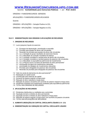 www.ResumosConcursos.hpg.com.br
           Apostila: Contabilidade para Concursos Públicos                – por    Prof. André

    ORIGENS = FUNDOS/RECURSOS GERADOS

    APLICAÇÕES = FUNDOS/RECURSOS APLICADOS

    Quando:

    ORIGENS > APLICAÇÕES – Variação Positiva no CCL

    ORIGENS < APLICAÇÕES – Variação Negativa no CCL




16.6.11 DEMONSTRAÇÃO DAS ORIGENS E APLICAÇÕES DE RECURSOS

    1. ORIGENS DE RECURSOS

    1.1 Lucro (prejuízo) líquido do exercício

          (+)   Encargos de depreciação, amortização e exaustão
          (+)   Provisão para ajustes de ativos não circulantes
          (-)   Reversão de provisão para ajustes de ativos não circulantes
          (+)   ou (-) Variação do grupo resultados de exercícios futuros
          (+)   ou (-) Resultado da correção monetária de balanço
          (+)   ou (-) Variação monetária e cambial ativa de ativos não circulantes
          (+)   ou (-) Variação monetária e cambial passiva de passivos não circulantes
          (+)   ou (-) Resultado na equivalência patrimonial de investimentos
          (+)   ou (-) Prejuízo (lucro) na baixa de elementos do ativo permanente*
          (+)   amortização de ágios de investimentos relevantes
          (-)   amortização de deságios de investimentos relevantes
          (+)   Provisão para obrigações de passivos não-circulantes
          (-)   Reversão de provisão para obrigações de passivos não-circulantes

    1.2   Valor da venda de elementos do ativo permanente**
    1.3   Realização do capital social
    1.4   Contribuição para reservas de capital
    1.5   Aumento do passivo exigível a longo prazo
    1.6   Redução do ativo realizável a longo prazo
    1.7   Redução do passivo circulante com aumento do passivo exigível a longo prazo
    1.8   Dividendos recebidos de investimentos avaliados pela equivalência patrimonial
    1.9   TOTAL DAS ORIGENS DE RECURSOS

    2. APLICAÇÕES DE RECURSOS

    2.1   Dividendos distribuídos ou creditados aos a acionistas
    2.2   Aquisição de bens e direitos do ativo permanente
    2.3   Aquisição de bens e direitos do ativo realizável a longo prazo
    2.4   Redução do passivo exigível a longo prazo com aumento do passivo circulante
    2.5   TOTAL DAS APLICAÇÕES DE RECURSOS

    3. AUMENTO (REDUÇÃO) DO CAPITAL CIRCULANTE LÍQUIDO (1.9 - 2.5)

    4. DEMONSTRAÇÃO DA VARIAÇÃO DO CAPITAL CIRCULANTE LÍQUIDO


                                                     176                                         !
 
