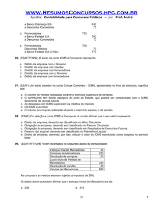 www.ResumosConcursos.hpg.com.br
             Apostila: Contabilidade para Concursos Públicos              – por    Prof. André

         a Banco Cobrança S/A                                 630
         a Descontos Concedidos                                70

   d. Fornecedores                                     770
      a Banco Federal S/A                                     700
      a Descontos Concedidos                                   70

   e. Fornecedores                                     700
      Descontos Obtidos                                        70
      a Banco Federal S/A C/ Mov.                             770

06. (ESAF/TTN/92) O saldo da conta ICMS a Recuperar representa:

   a.    Débito da empresa com o Governo
   b.    Crédito da empresa com clientes
   c.    Crédito da empresa com fornecedores
   d.    Crédito da empresa com o Governo
   e.    Débito da empresa com fornecedores


07. (ESAF) Um saldo devedor na conta Contas Correntes – ICMS, apresentado no final do exercício, significa
    que:

    a. O volume de vendas realizadas durante o exercício superou o de compras
    b. O contribuinte tem direito assegura do junto ao Estado, que poderá ser compensado com o ICMS
       decorrente de vendas futuras
    c. As despesas com ICMS superaram os créditos do imposto
    d. Há ICMS a recolher
    e. O volume de compras realizadas durante o exercício superou o de vendas

08. (ESAF) Em relação a conta ICMS a Recuperar, é correto afirmar que o seu saldo representa:

    a.   Direito da empresa, devendo ser classificado no Ativo Circulante
    b.   Obrigação da empresa, devendo ser classificado no Passivo Circulante
    c.   Obrigação da empresa, devendo ser classificado em Resultados de Exercícios Futuros
    d.   Passivo não exigível, devendo ser classificado no Patrimônio Líquido
    e.   Direito da empresa, devendo, por isso, reduzir o valor do ICMS escriturado como despesa no período
         base

09. (ESAF/AFTN/94) Foram levantados os seguintes dados da contabilidade:

                             Estoque final de Mercadorias            40
                             Compras de Mercadorias                 220
                             Devolução de compras                    20
                             Lucro bruto de Vendas de
                             Mercadorias                            330
                             Devolução de vendas                     80
                             Vendas de Mercadorias                  880

    As compras e as vendas estavam sujeitas a impostos de 20%.

    0s dados acima autorizam afirmar que o estoque inicial de Mercadoria era de:

    a. 238                                       d. 214


                                                     59                                                   !
 