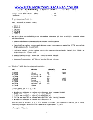 www.ResumosConcursos.hpg.com.br
             Apostila: Contabilidade para Concursos Públicos              – por     Prof. André

    Estoque inicial - 800 unidades a $ 8,00                   6.400
    Lucro bruto                                              13.200

    O valor do estoque final é de:

    (Obs.: Abandone, a partir da 3ª casa)

    a.   3.018,18
    b.   3.265,45
    c.   3.600,00
    d.   3.854,54
    e.   4.058,18

22. (ESAF/AFTN/94) Na movimentação de mercadorias controladas por ficha de estoque, podemos afirmar
    corretamente que:

    a. o estoque final tem o valor das compras menos o valor das vendas

    b. o estoque final avaliado a preço médio é menor que o mesmo estoque avaliado a UEPS, num período
       de preços crescentes (inflacionário)

    c. o estoque avaliado a preço médio é maior que o mesmo estoque avaliado a PEPS, num período de
       preços crescentes (inflacionário)

    d. o estoque final avaliado a PEPS tem o valor das últimas entradas

    e. o estoque final avaliado a UEPS tem o valor das últimas entradas



23. (ESAF/AFTN/94) Considere os seguintes dados:

    Data                        Histórico             Quantidade            Valor

    28-02-94                    Estoque               200                   1.200
    05-03-94                    Requisição 231         50
    10-03-94                    Requisição 234        120
    15-03-94                    Compra                300                   2.460
    20-03-94                    Compra                200                   2.130
    25-03-94                    Requisição 240        130
    30-03-94                    Requisição 242        100
    31-03-94                    Estoque

    O estoque final, em 31-03-94, é de:

    a.   2.700 e 300 unidades, se avaliado pelo método de custo médio ponderado
    b.   2.020 e 300 unidades, se avaliado pelo método PEPS
    c.   2.700 e 300 unidades, se avaliado pelo método PEPS
    d.   2.950 e 300 unidades, se avaliado pelo método do custo médio ponderado
    e.   2.700 e 300 unidades, se avaliado pelo método UEPS

    Para responder as questões de no 24 e 25, observe o seguinte: A Industria Brasília adquiriu, em 01-04-83,
    matérias-primas para serem utilizadas na industrialização de seus produtos.

    Informações Adicionais

                                                     63                                                    !
 