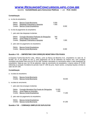 www.ResumosConcursos.hpg.com.br
            Apostila: Contabilidade para Concursos Públicos                – por   Prof. André


Contabilização

a. no dia do empréstimo:

      Débito: Bancos Conta Movimento                          5.000
      Débito: Despesas Financeiras a Apropriar                1.000
      Crédito: Bancos Conta Empréstimos                                      6.000

b. no dia do pagamento do empréstimo

   1. pelo valor das despesas incidentes

      Débito: Correção Monetária Prefixada de Obrigações        940
      Débito: Juros Pagos ou Incorridos                          60
      Crédito: Despesas Financeiras a Apropriar                              1.000

   2. pelo valor do pagamento do empréstimo

      Débito: Bancos Conta Empréstimos
      Crédito: Bancos Conta Movimento                                        6.000


Questão no 05 – EMPRÉSTIMO COM CORREÇÃO MONETÁRIA PÓS-FIXADA

A Empresa Toinha-Que-Se-Foi Ltda., efetuou, junto ao Banco da Baixinha S.A., empréstimo no valor de $
50.000, em 31 de agosto do ano 2, para pagamento em 30 de setembro do mesmo ano, com correção
monetária pós-fixada mais juros de 2% ao mês, também calculados no vencimento sobre o valor atualizado do
empréstimo. Sabe-se que, em 30 de setembro, data do vencimento do empréstimo, o banco cobrou $ 10.000
referentes à correção monetária do período mais $ 1.200 de juros. Assim sendo, a empresa liquida a dívida no
valor de $ 61.200.

Contabilização

a. na data do empréstimo

      Débito: Bancos Conta Movimento
      Crédito: Bancos Conta Movimento                                        50.000

b. na data do vencimento

   1. pelo valor dos encargos incidentes

      Débito: Correção Monetária Pós-Fixada de Obrigações         10.000
      Débito: Juros Pagos ou Incorridos                            1.200
      Crédito: Bancos Conta Empréstimos                                      11.200

   2. pelo valor do pagamento do empréstimo

      Débito: Bancos Conta Empréstimos
      Crédito: Bancos Conta Movimento                                        61.200

Questão no 06 – COBRANÇA SIMPLES DE DUPLICATAS




                                                    71                                                    !
 