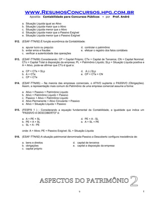 www.ResumosConcursos.hpg.com.br
              Apostila: Contabilidade para Concursos Públicos                – por    Prof. André

      a.   Situação Liquida igual ao Ativo
      b.   Situação Liquida maior que o Ativo
      c.   Situação Liquida menor que o Ativo
      d.   Situação Liquida maior que o Passivo Exigível
      e.   Situação Liquida menor que o Passivo Exigível

012. (ESAF-TTN/92) É função econômica da Contabilidade:

      a. apurar lucro ou prejuízo                          d. controlar o patrimônio
      b. evitar erros e fraudes                            e. efetuar o registro dos fatos contábeis
      c. verificar a autenticidade das operações

013. (ESAF-TTN/89) Considerando: CP = Capital Próprio; CTe = Capital de Terceiros; CN = Capital Nominal;
     CTo = Capital Total à disposição da empresa; PL = Patrimônio Líquido; SLp = Situação Líquida positiva e
     A = Ativo, pode-se afirmar que CTo é igual a:

      a. CP + CTe = SLp                                    d. A (-) SLp
      b. A + CTe                                           e. CP + CTe + CN
      c. CP + CTe

014. (ESAF-TTN/85) – Na maioria das empresas comerciais, o ATIVO suplanta o PASSIVO (Obrigações).
     Assim, a representação mais comum do Patrimônio de uma empresa comercial assume a forma:

      a.   Ativo = Passivo + Patrimônio Liquido
      b.   Ativo + Patrimônio Liquido = Passivo
      c.   Passivo + Ativo = Patrimônio Liquido
      d.   Ativo Permanente + Ativo Circulante = Passivo
      e.   Ativo + Situação Líquida = Passivo

015. (FESP/9 1 ) - Considerando a equação fundamental da Contabilidade, a igualdade que indica um
     "PASSIVO A DESCOBERTO" é:

      a. A = PE + SL                                       d. PE = A - SL
      b. PE = A + SL                                       e. A = SL + PE
      c. SL = A - PE

      onde: A = Ativo; PE = Passivo Exigível; SL = Situação Líquida

016. (ESAF-TTN/92) A situação patrimonial denominada Passivo a Descoberto configura inexistência de:

      a. bens e direitos                           d. capital de terceiros
      b. obrigações                                e. capital a disposição da empresa
      c. capital próprio




                                                       9                                                  !
 