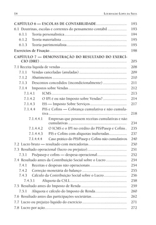 14                                                                              LOURIVALDO LOPES DA SILVA


           CAPÍTULO 6 — ESCOLAS DE CONTABILIDADE...............................                                    193
           6.1 Doutrinas, escolas e correntes do pensamento contábil ...................                           193
              6.1.1 Teoria personalística ...............................................................          194
              6.1.2 Teoria materialista ..................................................................         195
              6.1.3 Teoria patrimonialista.............................................................            195
           Exercícios de Fixação ..............................................................................    198
           CAPÍTULO 7 — DEMONSTRAÇÃO DO RESULTADO DO EXERCÍ-
              CIO (DRE) ........................................................................................   205
           7.1 Receita líquida de vendas ................................................................... 208
              7.1.1 Vendas canceladas (anuladas) ................................................ 209
              7.1.2 Abatimentos ........................................................................... 210
              7.1.3 Descontos concedidos (incondicionalmente) ........................ 211
              7.1.4 Impostos sobre Vendas ........................................................... 212
                 7.1.4.1      ICMS ............................................................................ 213
                 7.1.4.2      O IPI é ou não Imposto sobre Vendas? ........................ 214
                 7.1.4.3      ISS — Imposto Sobre Serviços ..................................... 217
                 7.1.4.4      PIS e Cofins — Cobrança cumulativa e não cumula-
                              tiva ........................................................................... 218
                    7.1.4.4.1      Empresas que possuem receitas cumulativas e não
                                   cumulativas ........................................................... 234
                    7.1.4.4.2      O ICMS e o IPI no crédito do PIS/Pasep e Cofins . 235
                    7.1.4.4.3      PIS e Cofins com alíquotas inalteradas.................. 237
                    7.1.4.4.4      Caso prático do PIS/Pasep e Cofins não cumulativos 240
           7.2 Lucro bruto — resultado com mercadorias....................................... 250
           7.3 Resultado operacional (lucro ou prejuízo)........................................ 251
              7.3.1 Pis/pasep e cofins — despesa operacional.............................. 252
           7.4 Resultado antes da Contribuição Social sobre o Lucro ..................... 254
              7.4.1 Receitas e despesas não operacionais ..................................... 254
              7.4.2 Correção monetária do balanço ............................................. 255
              7.4.3 Cálculo da Contribuição Social sobre o Lucro ....................... 256
                 7.4.3.1      Alíquota da CSLL ......................................................... 258
           7.5 Resultado antes do Imposto de Renda .............................................. 259
              7.5.1 Alíquota e cálculo do Imposto de Renda................................ 260
           7.6 Resultado antes das participações societárias.................................... 262
           7.7 Lucro ou prejuízo líquido do exercício ............................................. 271
           7.8 Lucro por ação................................................................................... 272




00-Contabilidade Geral e Tributária.indd 14                                                                         25/07/2012 16:33:36
 