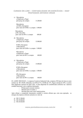 CURSOS ON-LINE – CONTABILIDADE EM EXERCÍCIOS – ESAF
                PROFESSOR ANTONIO CÉSAR

   c) Mercadorias
      a Duplicatas a Pagar
      pelo preço de compra             13.200,00

       Mercadorias
       a ICMS a Recuperar
       pelo valor do ICMS s/ a compra 1.800,00

      Mercadorias
      a IPI a Recolher
      pelo valor do IPI s/ a compra      600,00

   d) Mercadorias
      a Duplicatas a Pagar
      pelo preço de compra             15.000,00

       ICMS a Recuperar
       a Mercadorias
       pelo valor do ICMS s/ a compra 1.800,00

       Mercadorias
       a Duplicatas a Pagar
       pelo valor do IPI s/ a compra     600,00


   e) Mercadorias
      a Duplicatas a Pagar
      pelo preço de compra             15.000,00

       ICMS a Recuperar
       a Mercadorias
       pelo valor do ICMS s/ a compra 1.800,00

       IPI a Recuperar
       a Mercadorias
       pelo valor do IPI s/ a compra     600,00

03- (AFRF 2003/ESAF) - A empresa Comércio Industrial Ltda. comprou 250 latas de tinta ao custo
unitário de R$ 120,00, tributadas com IPI de 5% e ICMS de 12%. Pagou entrada de 20% e aceitou
duas duplicatas mensais de igual valor. A tinta adquirida foi contabilizada conforme sua natureza
contábil funcional, com a seguinte destinação:
            - 50 latas para consumo interno;
            - 100 latas para revender; e
            - 100 latas para usar como matéria-prima.
Após efetuar o competente lançamento contábil, é correto afirmar que, com essa operação, os
estoques da empresa sofreram aumento no valor de

   a) R$ 31.500,00
   b) R$ 30.000,00
   c) R$ 28.020,00


                      www.pontodosconcursos.com.br                                            12
 