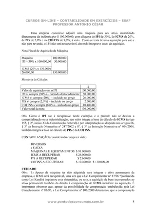 CURSOS ON-LINE – CONTABILIDADE EM EXERCÍCIOS – ESAF
PROFESSOR ANTONIO CÉSAR
www.pontodosconcursos.com.br 8
Uma empresa comercial adquire uma máquina para seu ativo imobilizado
diretamente da indústria por $ 100.000,00, com alíquota de IPI de 30%, de ICMS de 20%,
de PIS de 2,0% e da COFINS de 8,0%, à vista. Como se trata de uma aquisição para uso e
não para revenda, o IPI não será recuperável, devendo integrar o custo de aquisição.
Nota Fiscal de Aquisição da Máquina
Máquina
IPI – 30% x 100.000,00
ICMS (20% x 130.000)
100.000,00
30.000,00
26.000,00 130.000,00
Memória de Cálculo:
$
Valor da aquisição sem o IPI 100.000,00
IPI s/ compra (30%) – cobrado destacadamente 30.000,00
ICMS s/ compra (20%) – incluído no preço 26.000,00
PIS s/ compra (2,0%) – incluído no preço 2.600,00
COFINS s/ compra (8,0%) – incluído no preço 10.400,00
Valor total da nota 130.000,00
Obs. Como o IPI não é recuperável neste exemplo, e o produto não se destina a
comercialização ou a industrialização, seu valor integra a base de cálculo do ICMS (artigo
155, § 2º, inciso XI da Constituição Federal) e por interpretação ao disposto nos artigos 66,
§ 3º da Instrução Normativa nº 247/2002 e 8º, § 3º da Instrução Normativa nº 404/2004,
também integra a base de cálculo do PIS e da COFINS.
CONTABILIZAÇÃO (considerando compra à vista)
DIVERSOS
a CAIXA
MÁQUINAS E EQUIPAMENTOS $ 91.000,00
ICMS A RECUPERAR $ 26.000,00
PIS A RECUPERAR $ 2.600,00
COFINS A RECUPERAR $ 10.400,00 $ 130.000,00
CUIDADO
Obs.: 1) Apesar da máquina ter sido adquirida para integrar o ativo permanente da
empresa, o ICMS será recuperável, uma vez que a Lei Complementar n° 87/96 ?(conhecida
como Lei Kandir) implantou esta sistemática, ou seja, a aquisição de bens incorporados ao
ativo permanente também dá direito à compensação do ICMS incidente na aquisição. É
importante observar que, apesar da possibilidade de compensação estabelecida pela Lei
Complementar nº 87/96, a Lei Complementar nº 102/2000 determinou que a compensação
 
