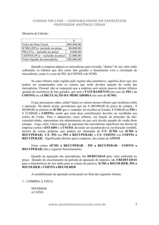 CURSOS ON-LINE – CONTABILIDADE EM EXERCÍCIOS
                 PROFESSOR ANTÔNIO CÉSAR

Memória de Cálculo:

                                     $
Valor da Nota Fiscal            400.000,00
ICMS (20%)- incluído no preço    80.000,00
PIS (2%) – incluído no preço      8.000,00
COFINS (8%) – incluído no preço 32.000,00
Valor líquido da mercadoria     280.000,00

      Quando a empresa adquire as mercadorias para revenda, “dentro” de seu valor estão
embutidos os tributos que têm como fato gerador o faturamento e/ou a circulação de
mercadorias, como é o caso do PIS, da COFINS e do ICMS.

      Se estes tributos estão regidos pelo regime não-cumulativo, significa dizer que eles
podem ser compensados com os valores que serão devidos quando da venda das
mercadorias. Pessoal, não se esqueçam que a empresa será sujeito passivo desses tributos
quando da ocorrência do fato gerador, que será o FATURAMENTO (no caso do PIS e da
COFINS) ou a CIRCULAÇÃO DA MERCADORIA (no caso do ICMS).

       O que precisamos saber, então? Quais os valores desses tributos que incidiram sobre
a operação. Na tabela acima, percebemos que em $ 400.000,00 do preço de compra, $
80.000,00 se referem ao ICMS que o vendedor irá recolher ao Estado, $ 8.000,00 ao PIS e
$ 32.000,00 a COFINS, sendo que estas duas contribuições deverão ser recolhidas aos
cofres da União.. Para o adquirente, esses tributos, em função do princípio da não-
cumulatividade, representam um adiantamento do que será devido quando da venda deste
estoque. Logo, estes valores pagos na aquisição das mercadorias significam um direito da
empresa contra o ESTADO e a UNIÃO, devendo ser reconhecido na escrituração contábil,
através de contas próprias, que podem ser chamadas de C/C ICMS (ou ICMS a
RECUPERAR), C/C PIS (ou PIS a RECUPERAR) e C/C COFINS (ou COFINS a
RECUPERAR). Significando direitos para a empresa, são contas de ATIVO.

    Estas contas (ICMS a RECUPERAR - PIS a RECUPERAR - COFINS a
RECUPERAR) têm o seguinte funcionamento:

        Quando da aquisição das mercadorias, são DEBITADAS pelo valor embutido no
preço. Quando do encerramento do período de apuração do imposto, são CREDITADAS
para a transferência de seu saldo para as contas do passivo, ICMS a RECOLHER, PIS a
RECOLHER e COFINS a RECOLHER.

       A contabilização da operação acima pode ser feita das seguintes formas:

1 – COMPRA À VISTA

       DIVERSOS
       a CAIXA


                    www.pontodosconcursos.com.br                                        3
 