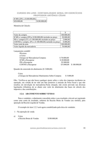CURSOS ON-LINE- CONTABILIDADE GERAL EM EXERCÍCIOS
                 PROFESSOR ANTÔNIO CÉSAR
ICMS (20% x $100.000,00)
$20.000,00               $100.000,00

Memória de Cálculo:


                                                           $
Valor da compra                                        100.000,00
ICMS s/ compra (20%x $100.000,00) incluído no preço     20.000,00
PIS s/ compra (2% x $ 100.000,00) incluído no preço      2.000,00
COFINS s/ compra (8% x $ 100.000,00) incluído no preço   8.000,00
Valor total da nota                                    100.000,00
Valor líquido da mercadoria                             70.000,00

Lançamento contábil
      Diversos
      a Caixa
      Estoque de Mercadorias/Compras                     $ 70.000,00
      ICMS a Recuperar                                   $ 20.000,00
      PIS a Recuperar                                      $2.000,00
      COFINS a Recuperar                                   $ 8.000,00   $ 100.000,00

Quando da concessão do abatimento ($ 5.000,00)

     Caixa
     a Estoque de Mercadorias/Abatimentos Sobre Compras         $ 5.000,00

Obs.: Verifica-se que não houve qualquer ajuste sobre o valor dos impostos incidentes na
operação, em virtude de ter sido um fato posterior à emissão da Nota Fiscal e que não
resultou em devolução de mercadorias.Nesta situação, não existe previsão nas diversas
legislações tributárias de se abater este valor do abatimento das bases de cálculo dos
impostos e das contribuições.

       3.2.4. ABATIMENTO SOBRE VENDAS

     Para o vendedor, o abatimento concedido reduz o seu resultado e deverá ser registrado
como uma conta de resultado, redutora da Receita Bruta de Vendas (ou similar), para
apuração da Receita Líquida de Vendas.

     O exemplo do item 3.2.3 será agora contabilizado pela ótica do vendedor.

1 – Na operação de venda

a)   Caixa
     a Receita Bruta de Vendas            $100.000,00



                    www.pontodosconcursos.com.br                                       10
 