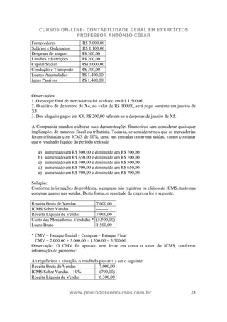 CURSOS ON-LINE- CONTABILIDADE GERAL EM EXERCÍCIOS
                PROFESSOR ANTÔNIO CÉSAR
Fornecedores                R$ 3.000,00
Salários e Ordenados        R$ 1.100,00
Despesas de aluguel         R$ 300,00
Lanches e Refeições         R$ 200,00
Capital Social              R$10.000,00
Condução e Transporte       R$ 300,00
Lucros Acumulados           R$ 1.400,00
Juros Passivos              R$ 1.400,00


Observações:
1. O estoque final de mercadorias foi avaliado em R$ 1.500,00.
2. O salário de dezembro de X4, no valor de R$ 100,00, será pago somente em janeiro de
X5.
3. Dos aluguéis pagos em X4, R$ 200,00 referem-se a despesas de janeiro de X5.

A Companhia mandou elaborar suas demonstrações financeiras sem considerar quaisquer
implicações de natureza fiscal ou tributária. Todavia, se considerarmos que as mercadorias
foram tributadas com ICMS de 10%, tanto nas entradas como nas saídas, vamos constatar
que o resultado líquido do período terá sido

   a)   aumentado em R$ 500,00 e diminuído em R$ 700,00.
   b)   aumentado em R$ 650,00 e diminuído em R$ 700,00.
   c)   aumentado em R$ 700,00 e diminuído em R$ 500,00.
   d)   aumentado em R$ 700,00 e diminuído em R$ 650,00.
   e)   aumentado em R$ 700,00 e diminuído em R$ 700,00.

Solução:
Conforme informações do problema, a empresa não registrou os efeitos do ICMS, tanto nas
compras quanto nas vendas. Desta forma, o resultado da empresa foi o seguinte:

Receita Bruta de Vendas              7.000,00
ICMS Sobre Vendas                    --------
Receita Líquida de Vendas            7.000,00
Custo das Mercadorias Vendidas *     (5.500,00)
Lucro Bruto                          1.500,00

* CMV = Estoque Inicial + Compras – Estoque Final
  CMV = 2.000,00 + 5.000,00 – 1.500,00 = 5.500,00
Observação: O CMV foi apurado sem levar em conta o valor do ICMS, conforme
informação do problema:

Ao regularizar a situação, o resultado passaria a ser o seguinte:
Receita Bruta de Vendas                7.000,00
ICMS Sobre Vendas – 10%                (700,00)
Receita Líquida de Vendas              6.300,00


                     www.pontodosconcursos.com.br                                      28
 