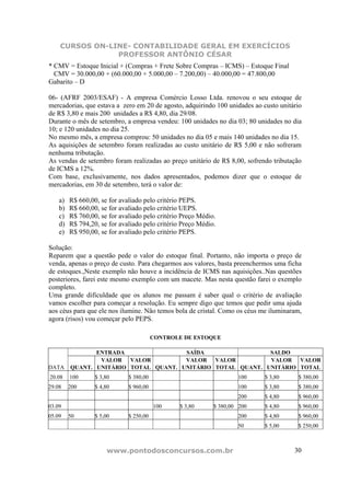 CURSOS ON-LINE- CONTABILIDADE GERAL EM EXERCÍCIOS
                PROFESSOR ANTÔNIO CÉSAR
* CMV = Estoque Inicial + (Compras + Frete Sobre Compras – ICMS) – Estoque Final
  CMV = 30.000,00 + (60.000,00 + 5.000,00 – 7.200,00) – 40.000,00 = 47.800,00
Gabarito – D

06- (AFRF 2003/ESAF) - A empresa Comércio Losso Ltda. renovou o seu estoque de
mercadorias, que estava a zero em 20 de agosto, adquirindo 100 unidades ao custo unitário
de R$ 3,80 e mais 200 unidades a R$ 4,80, dia 29/08.
Durante o mês de setembro, a empresa vendeu: 100 unidades no dia 03; 80 unidades no dia
10; e 120 unidades no dia 25.
No mesmo mês, a empresa comprou: 50 unidades no dia 05 e mais 140 unidades no dia 15.
As aquisições de setembro foram realizadas ao custo unitário de R$ 5,00 e não sofreram
nenhuma tributação.
As vendas de setembro foram realizadas ao preço unitário de R$ 8,00, sofrendo tributação
de ICMS a 12%.
Com base, exclusivamente, nos dados apresentados, podemos dizer que o estoque de
mercadorias, em 30 de setembro, terá o valor de:

    a)   R$ 660,00, se for avaliado pelo critério PEPS.
    b)   R$ 660,00, se for avaliado pelo critério UEPS.
    c)   R$ 760,00, se for avaliado pelo critério Preço Médio.
    d)   R$ 794,20, se for avaliado pelo critério Preço Médio.
    e)   R$ 950,00, se for avaliado pelo critério PEPS.

Solução:
Reparem que a questão pede o valor do estoque final. Portanto, não importa o preço de
venda, apenas o preço de custo. Para chegarmos aos valores, basta preenchermos uma ficha
de estoques.,Neste exemplo não houve a incidência de ICMS nas aquisições..Nas questões
posteriores, farei este mesmo exemplo com um macete. Mas nesta questão farei o exemplo
completo.
Uma grande dificuldade que os alunos me passam é saber qual o critério de avaliação
vamos escolher para começar a resolução. Eu sempre digo que temos que pedir uma ajuda
aos céus para que ele nos ilumine. Não temos bola de cristal. Como os céus me iluminaram,
agora (risos) vou começar pelo PEPS.

                                         CONTROLE DE ESTOQUE

                ENTRADA                SAÍDA                 SALDO
                 VALOR VALOR           VALOR VALOR           VALOR VALOR
DATA     QUANT. UNITÁRIO TOTAL QUANT. UNITÁRIO TOTAL QUANT. UNITÁRIO TOTAL
20.08    100      $ 3,80      $ 380,00                               100    $ 3,80     $ 380,00
29.08    200      $ 4,80      $ 960,00                               100    $ 3,80     $ 380,00
                                                                     200    $ 4,80     $ 960,00
03.09                                    100     $ 3,80      $ 380,00 200   $ 4,80     $ 960,00
05.09    50       $ 5,00      $ 250,00                               200    $ 4,80     $ 960,00
                                                                     50     $ 5,00     $ 250,00



                      www.pontodosconcursos.com.br                                    30
 