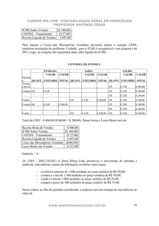 CURSOS ON-LINE- CONTABILIDADE GERAL EM EXERCÍCIOS
                PROFESSOR ANTÔNIO CÉSAR
ICMS Sobre Vendas        ($ 180,00)
COFINS – Faturamento      ($ 27,00)
Receita Líquida de Vendas $ 693,00

Para Apurar o Custo das Mercadorias Vendidas, devemos adotar o método UEPS,
conforme orientação do problema. Cuidado , pois o ICMS é recuperável e sua alíquota é de
20%. Logo, as compras são registradas pelo valor líquido do ICMS.


                                          CONTROLE DE ESTOQUE

                   ENTRADA                          SAÍDA                         SALDO
                    VALOR VALOR                     VALOR     VALOR    VALOR      VALOR
Operaçã
o         QUANT. UNITÁRIO TOTAL QUANT. UNITÁRIO TOTAL QUANT. UNITÁRIO TOTAL
 Estoqu
e Inicial                                             120    $ 2,00   $ 240,00
Compra 120        $ 2,00                                               120      $ 2,00     $ 240,00
                                                                       120      $ 2,00     $ 240,00
Vendas                                    120    $ 2,00       $ 240,00 120      $ 2,00     $ 240,00
Compra 100        $ 2,40       $ 240,00                                120      $ 2,00     $ 240,00
                                                                       100      $ 2,40     $ 240,00
Venda                                     100    $ 2,40       $ 240,00 120      $ 2,00     $ 240,00

Total do CMV - $ 480,00 ($240,00 + $ 240,00). Desta forma o Lucro Bruto será de:

Receita Bruta de Vendas          $ 900,00
ICMS Sobre Vendas              ($ 180,00)
COFINS – Faturamento            ($ 27,00)
Receita Líquida de Vendas        $ 693,00
Custo das Mercadorias Vendidas ($480,00)
Lucro Bruto nas Vendas           $ 213,00

Gabarito – A

16- (TRF - 2002.2/ESAF) A firma Pétrea Ltda. promoveu o movimento de entradas e
saídas de mercadorias, isentas de tributação, na forma como segue:

             -   existência anterior de 1.000 unidades ao custo unitário de R$ 20,00;
             -   compra a vista de 1.500 unidades ao preço unitário de R$ 30,00;
             -   venda a vista de 2.000 unidades ao preço unitário de R$ 25,00;
             -   compra a prazo de 500 unidades ao preço unitário de R$ 35,00.

Nessa ordem, no fim do período considerado, a empresa terá um estoque de mercadorias no
valor de


                       www.pontodosconcursos.com.br                                       39
 