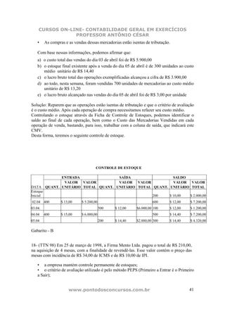 CURSOS ON-LINE- CONTABILIDADE GERAL EM EXERCÍCIOS
                PROFESSOR ANTÔNIO CÉSAR
    •     As compras e as vendas dessas mercadorias estão isentas de tributação.

    Com base nessas informações, podemos afirmar que:
    a) o custo total das vendas do dia 03 de abril foi de R$ 5.900,00
    b) o estoque final existente após a venda do dia 05 de abril é de 300 unidades ao custo
       médio unitário de R$ 14,40
    c) o lucro bruto total das operações exemplificadas alcançou a cifra de R$ 3.900,00
    d) ao todo, nesta semana, foram vendidas 700 unidades de mercadorias ao custo médio
       unitário de R$ 13,20
    e) o lucro bruto alcançado nas vendas do dia 05 de abril foi de R$ 3,00 por unidade

Solução: Reparem que as operações estão isentas de tributação e que o critério de avaliação
é o custo médio. Após cada operação de compra necessitamos refazer seu custo médio.
Controlando o estoque através da Ficha de Controle de Estoques, podemos identificar o
saldo ao final de cada operação, bem como o Custo das Mercadorias Vendidas em cada
operação de venda, bastando, para isso, trabalhar com a coluna de saída, que indicará este
CMV.
Desta forma, teremos o seguinte controle de estoque.




                                       CONTROLE DE ESTOQUE

                 ENTRADA                SAÍDA                 SALDO
                  VALOR VALOR           VALOR VALOR           VALOR VALOR
DATA      QUANT. UNITÁRIO TOTAL QUANT. UNITÁRIO TOTAL QUANT. UNITÁRIO TOTAL
Estoque
Inicial                                                               200      $ 10,00   $ 2.000,00
02.04 400          $ 13,00    $ 5.200,00                              600      $ 12,00   $ 7.200,00
03.04.                                     500   $ 12,00     $6.000,00 100     $ 12,00   $ 1.200,00
04.04     400      $ 15,00    $ 6.000,00                              500      $ 14,40   $ 7.200,00
05.04                                      200   $ 14,40     $2.880,00 300     $ 14,40   $ 4.320,00

Gabarito - B


18- (TTN 98) Em 25 de março de 1998, a Firma Mento Ltda. pagou o total de R$ 210,00,
na aquisição de 4 mesas, com a finalidade de revendê-las. Esse valor contém o preço das
mesas com incidência de R$ 34,00 de ICMS e de R$ 10,00 de IPI.

    • a empresa mantém controle permanente de estoques;
    • o critério de avaliação utilizado é pelo método PEPS (Primeiro a Entrar é o Primeiro
    a Sair);


                       www.pontodosconcursos.com.br                                      41
 