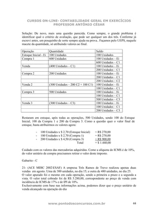 CURSOS ON-LINE- CONTABILIDADE GERAL EM EXERCÍCIOS
                PROFESSOR ANTÔNIO CÉSAR

Solução: De novo, mais uma questão parecida. Como sempre, o grande problema é
identificar qual o critério de avaliação, que pode ser qualquer um dos três. Conforme já
escrevi antes, um pouquinho de sorte sempre ajuda na prova.. Façamos pelo UEPS, naquele
macete da quantidade, só atribuindo valores ao final.

Operação               Quantidade                         Saldo
Estoque Inicial - Ei   100 Unidades                       100 Unidades
Compra 1               600 Unidades                       100 Unidades – Ei
                                                          600 Unidades – C1
Venda                  (400 Unidades – C1)                100 Unidades – Ei
                                                          200 Unidades – C1
Compra 2               200 Unidades                       100 Unidades – Ei
                                                          200 Unidades – C1
                                                          200 Unidades – C2
Venda 2                (300 Unidades – 200 C2 + 100 C1)   100 Unidades – Ei
                                                          100 Unidades – C1
Compra 3               500 Unidades                       100 Unidades – Ei
                                                          100 Unidades – C1
                                                          500 Unidades – C3
Venda 3                (300 Unidades – C3)                100 Unidades – Ei
                                                          100 Unidades – C1
                                                          200 Unidades – C3

Restaram em estoque, após todas as operações, 500 Unidades, sendo 100 do Estoque
Inicial, 100 da Compra 1 e 200 da Compra 3. Como a questão quer o valor final de
estoque, basta atribuirmos os valores agora:

           -   100 Unidades x $ 2,70 (Estoque Inicial)    = R$ 270,00
           -   100 Unidades x $ 2,70 (Compra 1)           = R$ 270,00
           -   200 Unidades x $ 4,50 (Compra 3)           = R$ 900,00
                                           Total          = $ 1.440,00

Cuidado com os valores das mercadorias adquiridas. Como a alíquota do ICMS é de 10%,
do valor unitário de compra precisamos retirar o valor deste imposto.

Gabarito - C

21- (ACE MDIC 2002ESAF) A empresa Três Ramos de Trevo realizou apenas duas
vendas em agosto. Uma de 300 unidades, no dia 15; e outra de 480 unidades, no dia 25.
O valor apurado foi o mesmo em cada operação, sendo a primeira a prazo e a segunda a
vista. O valor total cobrado foi de R$ 5.280,00, correspondente ao preço de venda com
incidência de ICMS de 17% e de IPI de 10%.
Exclusivamente com base nas informações acima, podemos dizer que o preço unitário de
venda alcançado na operação do dia



                       www.pontodosconcursos.com.br                                  44
 