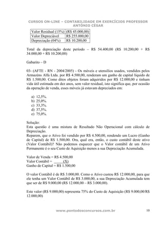 CURSOS ON-LINE – CONTABILIDADE EM EXERCÍCIOS PROFESSOR
                     ANTÔNIO CÉSAR
   Valor Residual (15%) (R$ 45.000,00)
   Valor Depreciável    R$ 255.000,00
   Depreciação (04%)    R$ 10.200,00

Total da depreciação deste período – R$ 54.400,00 (R$ 10.200,00 + R$
34.000,00 + R$ 10.200,00)

Gabarito – D

03- (AFTE - RN - 2004/2005) - Os móveis e utensílios usados, vendidos pelos
Armazéns Alfa Ltda. por R$ 4.500,00, renderam um ganho de capital líquido de
R$ 1.500,00. Como ditos objetos foram adquiridos por R$ 12.000,00 e tinham
vida útil estimada em dez anos, sem valor residual, isto significa que, por ocasião
da operação de venda, esses móveis já estavam depreciados em:

   a)   12,5%.
   b)   25,0%.
   c)   33,3%.
   d)   37,5%.
   e)   75,0%.

Solução:
Esta questão é uma mistura de Resultado Não Operacional com cálculo de
Depreciação.
Reparem, que o Ativo foi vendido por R$ 4.500,00, rendendo um Lucro (Ganho
de Capital) de R$ 1.500,00. Ora, qual era, então, o custo contábil deste ativo
(Valor Contábil)? Não podemos esquecer que o Valor contábil de um Ativo
Permanente é o seu Custo de Aquisição menos a sua Depreciação Acumulada.

Valor de Venda = R$ 4.500,00
Valor Contábil =       (X)
Ganho de Capital = R$ 1.500,00

O valor Contábil é de R$ 3.000,00. Como o Ativo custou R$ 12.000,00, para que
ele tenha um Valor Contábil de R$ 3.000,00, a sua Depreciação Acumulada tem
que ser de R$ 9.000,00 (R$ 12.000,00 – R$ 3.000,00).

Este valor (R$ 9.000,00) representa 75% do Custo de Aquisição (R$ 9.000,00/R$
12.000,00)


                   www.pontodosconcursos.com.br                                 10
 