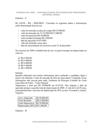 CURSOS ON-LINE – CONTABILIDADE EM EXERCÍCIOS PROFESSOR
                     ANTÔNIO CÉSAR
Gabarito – E

04- (AFTE - RN - 2004/2005) - Considere os seguintes dados e informações
sobre determinado bem de uso.

   -    valor de mercado na data da compra R$ 25.000,00
   -    valor de mercado em 31/12/2004 R$ 21.000,00
   -    valor de aquisição R$ 20.000,00
   -    valor residual estimado R$ 2.000,00
   -    data de aquisição 01/07/2003
   -    vida útil estimada: cinco anos
   -    data de encerramento de exercício social 31 de dezembro

No exercício de 2004 o aludido bem de uso vai gerar encargos de depreciação no
valor de:

   a)   R$ 5.400,00.
   b)   R$ 5.000,00.
   c)   R$ 4.000,00.
   d)   R$ 3.600,00.
   e)   R$ 1.800,00.

Solução:
Questão elaborada com muitas informações para confundir o candidato. Qual o
motivo de informar o valor de mercado do bem nas duas datas? Confundir. Essas
informações não servem para nada. Lembrem do Princípio Contábil do Custo
como Base de Valor – Valor Original.
Adquirimos o bem por R$ 20.000,00 em 01.07.03. Não importa a data de
aquisição porque a questão trata da depreciação de 2004. A vida útil é de 05 anos,
conseqüentemente, uma taxa de depreciação de 20% ao ano. O restante é calculo.
Vejamos:

   Ativo Adquirido       R$ 20.000,00
   Valor Residual        (R$ 2.000,00)
   Valor Depreciável     R$ 18.000,00
   Depreciação (20%)     R$ 3.600,00

Gabarito – D




                       www.pontodosconcursos.com.br                            11
 