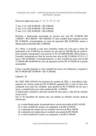 CURSOS ON-LINE – CONTABILIDADE EM EXERCÍCIOS PROFESSOR
                     ANTÔNIO CÉSAR


Soma dos dígitos dos anos: 1 + 2 + 3 + 4 + 5 = 15

1º ano: 1/15 x R$ 30.000,00 = R$ 2.000,00
2º ano: 2/15 x R$ 30.000,00 = R$ 4.000,00
3º ano: 3/15 x R$ 30.000,00 = R$ 6.000,00

Portanto, a depreciação acumulada no terceiro ano vale R$ 12.000,00 (R$
2.000,00 + R$ 4.000,00 + R$ 6.000,00). O valor contábil desta máquina será de
R$ 18.000,00, correspondente ao custo de aquisição (R$ 30.000,00), menos a
depreciação acumulada (R$ 12.000,00).

Já a Mina, é exaurida a uma taxa constante, tendo em vista que o ritmo de
exploração é de 25.000 Kg de minério, de um total de 200.000 Kg de minério.
Esta exaustão corresponde a uma taxa de 12,5% (25.000/200.000). Desta forma, a
Exaustão Acumulada no final do terceiro ano será de R$ 22.500,00 (12,5% x 3
anos x R$ 60.000,00). Conseqüentemente, o valor contábil da mina será de R$
37.500,00 (R$ 60.000,00 do custo de aquisição menos R$ 22.500,00 da exaustão
acumulada).

Como a questão pergunta o valor contábil dos ativos em referência, a resposta é
R$ 55.500,00 (R$ 18.000,00 + R$ 37.500,00).

Gabarito - D

08- (TRF 2002-2/ESAF) Em primeiro de outubro de 2001, a Ameriflores Ltda.
adquiriu um veículo usado por R$ 23.000,00, pagando 60% a vista. O carro fora
comprado novo pelo ora vendedor pela quantia de R$ 27.000,00, há um ano e
meio, e contabilizado com valor residual de R$ 12.000,00.
A depreciação considera a previsão normal do fisco para a vida útil de veículos
(cinco anos).
Em 31 de dezembro do mesmo ano, em relação ao referido veículo, pode-se
afirmar que

   a)   a conta Depreciação Acumulada desse veículo terá saldo de R$ 5.650,00.
   b)   o valor contábil do veículo, no comprador, é de R$ 22.450,00.
   c)   a operação de compra deu ao vendedor um lucro de R$ 4.100,00.
   d)   a operação de compra deu ao vendedor uma perda de R$ 500,00.
   e)   o valor contábil do veículo, no comprador, é de R$ 21.850,00.



                    www.pontodosconcursos.com.br                                 15
 