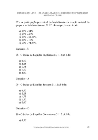 CURSOS ON-LINE – CONTABILIDADE EM EXERCÍCIOS PROFESSOR
                     ANTÔNIO CÉSAR


07 - A participação percentual do Imobilizado em relação ao total do
grupo, e ao total do ativo em 31.12.x4 é respectivamente, de:

  a) 50% - 34%
  b) 50% - 40%
  c) 50% - 37,14%
  d) 50% - 10%
  e) 50% - 74,28%

Gabarito – C

08 - O índice de Liquidez Imediata em 31.12.x4 é de:

  a) 0,50
  b) 2,25
  c) 1,75
  d) 1,50
  e) 2,00

Gabarito – A

09 - O índice de Liquidez Seca em 31.12.x4 é de:

  a) 0,50
  b) 2,25
  c) 1,75
  d) 1,50
  e) 2,00

Gabarito – D

10 - O índice de Liquidez Corrente em 31.12.x4 é de:

  a) 0,50

                www.pontodosconcursos.com.br                      28
 