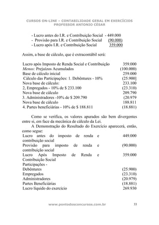 CURSOS ON-LINE – CONTABILIDADE GERAL EM EXERCÍCIOS
               PROFESSOR ANTONIO CÉSAR


     - Lucro antes do I.R. e Contribuição Social - 449.000
     - Provisão para I.R. e Contribuição Social    (90.000)
     - Lucro após I.R. e Contribuição Social        359.000

Assim, a base de cálculo, que é extracontábil será:

Lucro após Imposto de Renda Social e Contribuição          359.000
Menos: Prejuízos Acumulados                              (100.000)
Base de cálculo inicial                                    259.000
Cálculo das Participações: 1. Debêntures - 10%            (25.900]
Nova base de cálculo:                                      233.100
2, Empregados - 10% de $ 233.100                          (23.310)
Nova base de cálculo                                       209.790
3. Administradores -10% de $ 209.790                       (20.979
Nova base de cálculo                                       188.811
4. Partes beneficiárias - 10% de $ 188.811                (18.881)

      Como se verifica, os valores apurados são bem divergentes
entre si, em face da mecânica de cálculo da Lei.
      A Demonstração do Resultado do Exercício aparecerá, então,
como segue:
Lucro antes do imposto de renda e                      449.000
contribuição social
Provisão para imposto de renda e                       (90.000)
contribuição social
Lucro Após Imposto de Renda e                          359.000
Contribuição Social
Participações -
Debêntures                                             (25.900)
Empregados                                             (23.310)
Administradores                                        (20.979)
Partes Beneficiárias                                   (18.881)
Lucro líquido do exercício                              269.930


                www.pontodosconcursos.com.br                    33
 