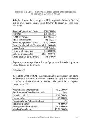 CURSOS ON-LINE – CONTABILIDADE GERAL EM EXERCÍCIOS
               PROFESSOR ANTONIO CÉSAR


Solução: Apesar da prova para AFRF, a questão foi mais fácil do
que as que fizemos antes. Basta lembrar da ordem da DRE para
resolve-la.

Receita Operacional Bruta       R$ 6.000,00
COFINS                         (R$ 180,00 )
ICMS s/ Vendas                 (R$ 720,00 )
PIS s/ Faturamento               (R$ 60,00 )
Receita Líquida de Vendas       R$ 5.040,00
Custo da Mercadoria Vendida   (R$ 2.800,00)
Lucro Bruto                    R$ 2.240,00
Despesas Financeiras            (R$ 600,00)
Salários e Ordenados          (R$ 1.000,00)
Lucro Líquido do Exercício        R$ 640,00

Repare que nesta questão, o Lucro Operacional Líquido é igual ao
Lucro Líquido do Exercício.

Gabarito – E

07- (AFRF 2002-1/ESAF) As contas abaixo representam um grupo
de receitas e despesas e, embora distribuídas aqui aleatoriamente,
compõem a demonstração do resultado do exercício da empresa
Boapermuta S/A.

Receitas Não-Operacionais                  R$ 2.000,00
Provisão para Contribuição Social                 10%
Juros Recebidos                            R$ 1.500,00
Depreciação                                 R$ 700,00
Participação de Administradores                    5%
Impostos e Taxas                            R$ 500,00
Propaganda e Publicidade                   R$ 1.800,00
Vendas Canceladas                         R$ 20.000,00


               www.pontodosconcursos.com.br                     45
 