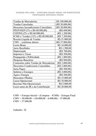 CURSOS ON-LINE – CONTABILIDADE GERAL EM EXERCÍCIOS
               PROFESSOR ANTONIO CÉSAR


Vendas de Mercadorias                    R$ 100.000,00
Vendas Canceladas                       (R$ 20.000,00)
Descontos Incondicionais Concedidos     (R$ 20.000,00)
PIS/PASEP (1% x R$ 60.000,00)               (R$ 600,00)
COFINS (2% x R$ 60.000,00)               (R$ 1.200,00)
ICMS s/ Vendas (12% x R$ 60.000,00)       (R$ 7.200,00)
Receita Líquida de Vendas                 R$ 51.000,00
CMV – conforme abaixo                   (R$ 37.000,00)
Lucro Bruto                               R$ 14.000,00
Juros Recebidos                            R$ 1.500,00
Depreciação                                 (R$ 700,00)
Impostos e Taxas                            (R$ 500,00)
Propaganda e Publicidade                 (R$ 1.800,00)
Despesas Bancárias                          (R$ 800,00)
Comissões sobre Vendas de Mercadorias    (R$ 3.000,00)
Descontos Condicionais Concedidos        (R$ 2.000,00)
Juros Pagos                                 (R$ 500,00)
Salários e Encargos                      (R$ 3.000,00)
Água e Energia                              (R$ 200,00)
Descontos Obtidos                         R$ 15.000,00
Lucro Operacional                         R$ 18.000,00
Receitas Não-Operacionais                  R$ 2.000,00
Lucro antes do IR e da Contribuição       R$ 20.000,00


CMV = Estoque Inicial + (Compras – ICMS) – Estoque Final
CMV = 30.000,00 + (50.000,00 – 6.000,00) – 37.000,00
CMV = 37.000,00


Gabarito - D




               www.pontodosconcursos.com.br                47
 