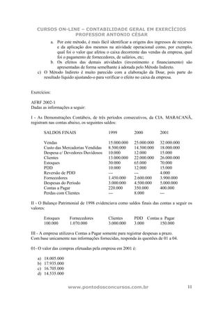 CURSOS ON-LINE – CONTABILIDADE GERAL EM EXERCÍCIOS
                PROFESSOR ANTONIO CÉSAR
          a. Por este método, é mais fácil identificar a origens dos ingressos de recursos
              e da aplicação dos mesmos na atividade operacional como, por exemplo,
              qual foi o valor que afetou o caixa decorrente das vendas da empresa, qual
              foi o pagamento de fornecedores, de salários, etc;
          b. Os efeitos das demais atividades (investimento e financiamento) são
              apresentadas de forma semelhante à adotada pelo Método Indireto.
   c) O Método Indireto é muito parecido com a elaboração da Doar, pois parte do
      resultado líquido ajustando-o para verificar o efeito no caixa da empresa.


Exercícios:

AFRF 2002-1
Dadas as informações a seguir:

I - As Demonstrações Contábeis, de três períodos consecutivos, da CIA. MARACANÃ,
registram nas contas abaixo, os seguintes saldos:

        SALDOS FINAIS                     1999           2000          2001

        Vendas                            15.000.000     25.000.000    32.000.000
        Custo das Mercadorias Vendidas    8.500.000      14.500.000    18.000.000
        Despesa c/ Devedores Duvidosos    10.000         12.000        15.000
        Clientes                          13.000.000     22.000.000    26.000.000
        Estoques                          30.000         65.000        70.000
        PDD                               10.000         12.000        15.000
        Reversão de PDD                   ---            ---           4.000
        Fornecedores                      1.450.000      2.600.000     3.900.000
        Despesas do Período               3.000.000      4.500.000     5.000.000
        Contas a Pagar                    220.000        350.000       400.000
        Perdas com Clientes               ---            8.000         ---

II - O Balanço Patrimonial de 1998 evidenciava como saldos finais das contas a seguir os
valores:

        Estoques     Fornecedores         Clientes       PDD Contas a Pagar
        100.000      1.070.000            3.000.000      3.000      150.000

III - A empresa utilizava Contas a Pagar somente para registrar despesas a prazo.
Com base unicamente nas informações fornecidas, responda às questões de 01 a 04.

01- O valor das compras efetuadas pela empresa em 2001 é:

   a)   18.005.000
   b)   17.935.000
   c)   16.705.000
   d)   14.535.000


                     www.pontodosconcursos.com.br                                      11
 