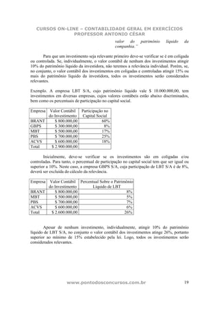 CURSOS ON-LINE – CONTABILIDADE GERAL EM EXERCÍCIOS
                PROFESSOR ANTONIO CÉSAR
                                                 valor do patrimônio          líquido    da
                                                 companhia.”

       Para que um investimento seja relevante primeiro deve-se verificar se é em coligada
ou controlada. Se, individualmente, o valor contábil de nenhum dos investimentos atingir
10% do patrimônio líquido da investidora, não teremos a relevância individual. Porém, se,
no conjunto, o valor contábil dos investimentos em coligadas e controladas atingir 15% ou
mais do patrimônio líquido da investidora, todos os investimentos serão considerados
relevantes.

Exemplo. A empresa LBT S/A, cujo patrimônio líquido vale $ 10.000.000,00, tem
investimentos em diversas empresas, cujos valores contábeis estão abaixo discriminados,
bem como os percentuais de participação no capital social.

EmpresaValor Contábil Participação no
      do Investimento Capital Social
BRANT     $ 800.000,00            60%
GBPS      $ 300.000,00             8%
MBT       $ 500.000,00            17%
PBS       $ 700.000,00            25%
ACVS      $ 600.000,00            18%
Total   $ 2.900.000,00

       Inicialmente, deve-se verificar se os investimentos são em coligadas e/ou
controladas. Para tanto, o percentual de participação no capital social tem que ser igual ou
superior a 10%. Neste caso, a empresa GBPS S/A, cuja participação de LBT S/A é de 8%,
deverá ser excluída do cálculo da relevância.

EmpresaValor Contábil Percentual Sobre o Patrimônio
      do Investimento        Líquido de LBT
BRANT     $ 800.000,00                          8%
MBT       $ 500.000,00                          5%
PBS       $ 700.000,00                          7%
ACVS      $ 600.000,00                          6%
Total   $ 2.600.000,00                         26%


       Apesar de nenhum investimento, individualmente, atingir 10% do patrimônio
líquido de LBT S/A, no conjunto o valor contábil dos investimentos atinge 26%, portanto
superior ao mínimo de 15% estabelecido pela lei. Logo, todos os investimentos serão
considerados relevantes.




                     www.pontodosconcursos.com.br                                        19
 