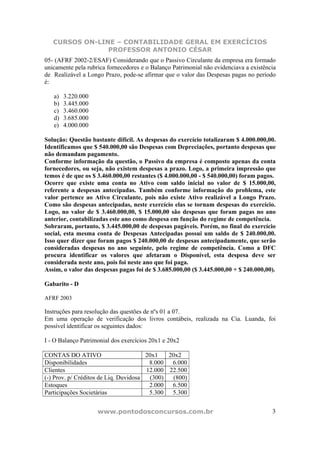 CURSOS ON-LINE – CONTABILIDADE GERAL EM EXERCÍCIOS
                PROFESSOR ANTONIO CÉSAR
05- (AFRF 2002-2/ESAF) Considerando que o Passivo Circulante da empresa era formado
unicamente pela rubrica fornecedores e o Balanço Patrimonial não evidenciava a existência
de Realizável a Longo Prazo, pode-se afirmar que o valor das Despesas pagas no período
é:

   a)   3.220.000
   b)   3.445.000
   c)   3.460.000
   d)   3.685.000
   e)   4.000.000

Solução: Questão bastante difícil. As despesas do exercício totalizaram $ 4.000.000,00.
Identificamos que $ 540.000,00 são Despesas com Depreciações, portanto despesas que
não demandam pagamento.
Conforme informação da questão, o Passivo da empresa é composto apenas da conta
fornecedores, ou seja, não existem despesas a prazo. Logo, a primeira impressão que
temos é de que os $ 3.460.000,00 restantes ($ 4.000.000,00 - $ 540.000,00) foram pagos.
Ocorre que existe uma conta no Ativo com saldo inicial no valor de $ 15.000,00,
referente a despesas antecipadas. Também conforme informação do problema, este
valor pertence ao Ativo Circulante, pois não existe Ativo realizável a Longo Prazo.
Como são despesas antecipadas, neste exercício elas se tornam despesas do exercício.
Logo, no valor de $ 3.460.000,00, $ 15.000,00 são despesas que foram pagas no ano
anterior, contabilizadas este ano como despesa em função do regime de competência.
Sobraram, portanto, $ 3.445.000,00 de despesas pagáveis. Porém, no final do exercício
social, esta mesma conta de Despesas Antecipadas possui um saldo de $ 240.000,00.
Isso quer dizer que foram pagos $ 240.000,00 de despesas antecipadamente, que serão
consideradas despesas no ano seguinte, pelo regime de competência. Como a DFC
procura identificar os valores que afetaram o Disponível, esta despesa deve ser
considerada neste ano, pois foi neste ano que foi paga.
Assim, o valor das despesas pagas foi de $ 3.685.000,00 ($ 3.445.000,00 + $ 240.000,00).

Gabarito - D

AFRF 2003

Instruções para resolução das questões de nºs 01 a 07.
Em uma operação de verificação dos livros contábeis, realizada na Cia. Luanda, foi
possível identificar os seguintes dados:

I - O Balanço Patrimonial dos exercícios 20x1 e 20x2

CONTAS DO ATIVO                        20x1   20x2
Disponibilidades                        8.000  6.000
Clientes                               12.000 22.500
(-) Prov. p/ Créditos de Liq. Duvidosa  (300)  (800)
Estoques                                2.000  6.500
Participações Societárias               5.300  5.300


                    www.pontodosconcursos.com.br                                       3
 