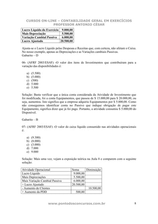 CURSOS ON-LINE – CONTABILIDADE GERAL EM EXERCÍCIOS
                PROFESSOR ANTONIO CÉSAR
Lucro Líquido do Exercício 9.000,00
Mais Depreciação            5.500,00
Variação Cambial Passiva    6.000,00
Lucro Ajustado             20.500,00

Ajusta-se o Lucro Líquido pelas Despesas e Receitas que, com certeza, não afetam o Caixa.
No nosso exemplo, apenas as Depreciações e as Variações cambiais Passivas.
Gabarito – D

06- (AFRF 2003/ESAF) -O valor dos itens de Investimentos que contribuíram para a
variação das disponibilidades é:

   a)   (5.500)
   b)   (5.000)
   c)   (500)
   d)   5.000
   e)   5.500

Solução: Basta verificar que a única conta considerada da Atividade de Investimento que
foi modificada, foi a conta Equipamentos, que passou de $ 15.000,00 para $ 20.000,00, ou
seja, aumentou. Isto significa que a empresa adquiriu Equipamentos por $ 5.000,00. Como
não conseguimos identificar conta no Passivo que indique obrigação de pagar este
Equipamento, significa dizer que já foi pago. Portanto, a atividade consumiu $ 5.000,00 do
Disponível.

Gabarito – B

07- (AFRF 2003/ESAF) -O valor do caixa líquido consumido nas atividades operacionais
é:

   a)   (9.300)
   b)   (8.000)
   c)   (3.000)
   d)   7.000
   e)   9.000

Solução: Mais uma vez, vejam a exposição teórica na Aula 8 e comparem com a seguinte
solução:

Atividade Operacional                  Soma      Diminuição
Lucro Líquido                           9.000,00
Mais Depreciações                       5.500,00
Mais Variação Cambial Passiva           6.000,00
= Lucro Ajustado                       20.500,00
- Aumento de Clientes                             10.500,00
+ Aumento da PDD                          500,00


                    www.pontodosconcursos.com.br                                        8
 