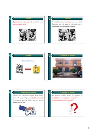 Entidade                                             Entidade

O patrimônio de uma entidade não se confunde com o     A contabilidade de uma entidade (empresa, entidade
patrimônios dos sócios                                 filantrópica etc.) não pode ser confundida com a
                                                       contabilidade dos membros que a possuem




                        Entidade                                       O exemplo do Anthony



               Entidade ≠ Membros




             O exemplo do Anthony                                      O exemplo do Anthony

Um casal mora num sobrado, na parte alta do mesmo.     As   despesas    comuns   devem    ser   lançadas   na
No nível da rua, exerce pequena atividade comercial.   contabilidade    do   pequeno     comércio    ou    na
As contas de água, luz, telefone etc. vêm para o       contabilidade pessoal do proprietário?
sobrado como um todo.




                                                                                                                3
 