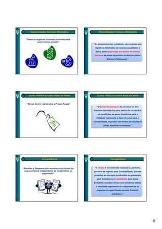 Denominador Comum Monetário                     Denominador Comum Monetário


  “Todos os registros contábeis são efetuados
             numa mesma moeda”
                                                  “As demonstrações contábeis, sem prejuízo dos
                                                   registros detalhados de natureza qualitativa e
                                                   física, serão expressas em t
                                                   fí i       ã               termos d moeda
                                                                                     de   d
                                                   nacional de poder aquisitivo da data do último
                                                               Balanço Patrimonial.”




     Custo Histórico como Base de Valor              Custo Histórico como Base de Valor



   “Ativos devem registrados a Preços Pagos”
                                                     “O Custo de aquisição de um ativo ou dos
                                                  insumos necessários para fabricá-lo e colocá-lo
                                                     em condições de gerar benefícios para a
                                                    Entidade representa a base de valor para a
                                                  Contabilidade, expresso em termos de moeda de
                                                            poder aquisitivo constante.”




                 Competência                                       Competência



“Receitas e Despesas são reconhecidas no mês de    “A receita é considerada realizada e, portanto,
 sua ocorrência independente de recebimento ou    passível de registro pela Contabilidade, quando
                   pagamento”
                                                  produtos ou serviços produzidos ou prestados
                                                     pela Entidade são transferidos para outra
                                                  Entidade ou pessoa física com anuência destas
                                                    e mediante pagamento ou compromisso de
                                                     pagamento especificado perante Entidade
                                                                    produtora.”




                                                                                                     5
 