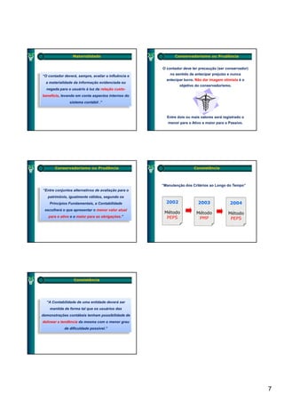 Materialidade                             Conservadorismo ou Prudência


                                                     O contador deve ter precaução (ser conservador)

“O contador deverá, sempre, avaliar a influência e       no sentido de antecipar prejuízo e nunca
                                                       antecipar lucro. Não dar imagem otimista é o
  a materialidade da informação evidenciada ou
                                                              objetivo do conservadorismo.
  negada para o usuário à luz da relação custo-
                                         custo
benefício, levando em conta aspectos internos do
               sistema contábil .”



                                                       Entre dois ou mais valores será registrado o
                                                        menor para o Ativo e maior para o Passivo.




       Conservadorismo ou Prudência                                   Consistência



                                                     “Manutenção dos Critérios ao Longo do Tempo”
“Entre conjuntos alternativos de avaliação para o
   patrimônio, igualmente válidos, segundo os
    Princípios Fundamentais, a Contabilidade           2002             2003               2004
 escolherá o que apresentar o menor valor atual
                                                      Método           Método             Método
   para o ativo e o maior para as obrigações.”         PEPS             PMP                PEPS




                  Consistência




  “A Contabilidade de uma entidade deverá ser
    mantida de forma tal que os usuários das
demonstrações contábeis tenham possibilidade de
delinear a tendência da mesma com o menor grau
            de dificuldade possível.”




                                                                                                       7
 