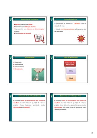Balancete de Verificação                                    Detecção de Erros


                                                           O Balancete de Verificação é LIMITADO quanto à
   Resumo ordenado das contas
                                                         detecção de erros
   Instrumento para detecção de erros
   Imprescindível para elaborar as demonstrações           Erros de inversões simultâneas de lançamentos não
contábeis                                                são detectáveis
   Útil na tomada de decisões




                      Periodicidade                                        Tipos de Balancetes


  Diariamente
                                                                             Balancete de
  Semanalmente                                                                Verificação
  Quinzenalmente
  Mensalmente
                                                                                  Inicial



                                                                                  Final




            Balancete de Verificação Inicial                      Balancete de Verificação Final


  Levantado antes do encerramento das contas de            Levantado após o encerramento das contas de
resultado, ou seja antes da apuração do lucro ou         resultado, ou seja antes da apuração do lucro ou
prejuízo.     Nesse   balancete,   aparecerão   contas   prejuízo. Nesse balancete, aparecerão apenas contas
patrimoniais e de resultado
                  resultado.                             patrimoniais,
                                                         patrimoniais visto que as contas de resultado já foram
                                                         zeradas (encerradas)




                                                                                                                  2
 