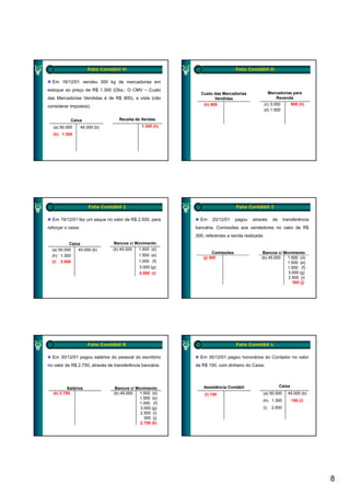 Fato Contábil H                                           Fato Contábil H

  Em 16/12/01 vendeu 300 kg de mercadorias em
estoque ao preço de R$ 1.300 (Obs.: O CMV – Custo
                                                              Custo das Mercadorias                 Mercadorias para
das Mercadorias Vendidas é de R$ 900), a vista (não                  Vendidas                          Revenda
                                                               (h) 900                           (c) 3.000         900 (h)
considerar impostos):
                                                                                                 (d) 1 500
                                                                                                     1.500

            Caixa                   Receita de Vendas
   (a) 50.000       45.000 (b)                  1.300 (h)
   (h) 1.300




                        Fato Contábil I                                          Fato Contábil J

  Em 19/12/01 fez um saque no valor de R$ 2.500, para         Em    20/12/01     pagou   através      de     transferência
reforçar o caixa:                                           bancária, Comissões aos vendedores no valor de R$
                                                            300, referentes a venda realizada:
           Caixa                  Bancos c/ Movimento
  (a) 50.000   45.000 (b)         (b) 45 000
                                      45.000 1.500 (d)
                                             1 500
                                                                     Comissões                Bancos c/ Movimento
  (h) 1.300                                  1.500 (e)
                                                                (j) 300                      (b) 45.000  1.500 (d)
  (i) 2.500                                  1.000 (f)                                                   1.500 (e)
                                              3.000 (g)                                                  1.000 (f)
                                              2.500 (i)                                                   3.000 (g)
                                                                                                          2.500 (i)
                                                                                                            300 (j)




                       Fato Contábil K                                           Fato Contábil L

  Em 30/12/01 pagou salários do pessoal do escritório         Em 30/12/01 pagou honorários do Contador no valor
no valor de R$ 2.750, através de transferência bancária:    de R$ 150, com dinheiro do Caixa:



                                                                Assistência Contábil                       Caixa
           Salários                Bancos c/ Movimento
   (k) 2.750                      (b) 45.000  1.500 (d)         (l) 150                       (a) 50.000       45.000 (b)
                                              1.500 (e)
                                                                                              (h) 1.300            150.(l)
                                              1.000 (f)
                                               3.000 (g)                                      (i)    2.500
                                               2.500 (i)
                                                 300 (j)
                                               2.750 (k)




                                                                                                                             8
 