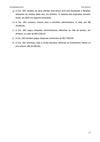 Contabilidade Geral I                                                                                                                   Prof. Moreira 

    g) A Cia. JSC recebeu de seus clientes dois terços (2/3) das Duplicatas a Receber
         referentes às vendas deste ano, em dinheiro. O restante das duplicatas vencerá,
         ainda, em 2005 (no segundo semestre);

    h) A Cia. JSC comprou móveis para o escritório administrativo, à vista, por R$
         30.000,00;

    i) A Cia. JSC pagou despesas administrativas referentes ao mês de janeiro, em
         dinheiro, no valor de R$ 5.000,00

    j) A Cia. JSC também pagou despesas comerciais de R$ 7.000,00;

    k) A Cia. JSC amortizou toda a dívida bancária referente ao Empréstimo Obtido no
         ano anterior (R$ 20.000,00).




                                                                                                                                                27 
     
 