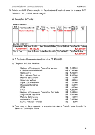 Contabilidade Geral I ‐ Exercícios Suplementares                                                                                              Prof. Moreira 

3) Estruture a DRE (Demonstração do Resultado do Exercício) anual da empresa DEF
  Comércio Ltda., com os dados a seguir:

  a) Operações de Venda:




  b) O Custo das Mercadorias Vendidas foi de R$ 40.000,00.

  c) Despesas e Outras Receitas:

                   Salários e Encargos do Pessoal de Vendas                                                       R$ 6.000,00
                   Comissão de Vendedores                                                                         R$ 10.500,00
                   Combustível                                                                                    R$ 1.000,00
                   Honorários da Diretoria                                                                        R$ 7.000,00
                   Material de Escritório                                                                         R$    100,00
                   Seguro do Veículo                                                                              R$    800,00
                   Água, Luz e Telefone                                                                           R$    200,00
                   Despesas Bancárias                                                                             R$    350,00
                   IPTU                                                                                           R$    400,00
                   IPVA                                                                                           R$ 1.200,00
                   Salários e Encargos do Pessoal do Escritório                                                   R$ 6.000,00
                   Segurança e Vigilância                                                                         R$ 8.000,00
                   Material de Limpeza                                                                            R$    150,00
                   Assistência Contábil                                                                           R$ 3.000,00
                   Livros, Jornais e Revistas                                                                     R$     80,00

  d) Com base no lucro apurado, a empresa calculou a Provisão para Imposto de
     Renda e Contribuição Social.




                                                                                                                                                            4
 
