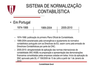 SISTEMA DE NORMALIZAÇÃO
CONTABILÍSTICA
• Em Portugal
– 1974-1988: publicação do primeiro Plano Oficial de Contabilidade.
– 1989-2004:caracterizado pela convergência e ajustamento do normativo
contabilístico português com as Directivas da EU, assim como pela emissão de
Directrizes Contabilísticas por parte da CNC;
– 2005-2010: obrigatoriedade de aplicação das normas internacionais de
contabilidade (NIC-IASB) na preparação e apresentação das demonstrações
financeiras consolidadas pelas empresas cotadas em bolsa. Início da aplicação do
SNC aprovado pelo DL nº 158/2009 de 13 de Julho a partir de 1 de Janeiro de
2010..
Contabilidade Geral
1974-1988 1989-2004 2005-2010
 