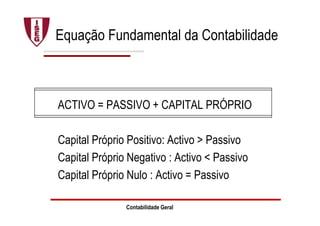 Contabilidade Geral
Equação Fundamental da Contabilidade
ACTIVO = PASSIVO + CAPITAL PRÓPRIO
Capital Próprio Positivo: Activo > Passivo
Capital Próprio Negativo : Activo < Passivo
Capital Próprio Nulo : Activo = Passivo
 
