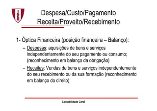 Contabilidade Geral
Despesa/Custo/Pagamento
Receita/Proveito/Recebimento
1- Óptica Financeira (posição financeira – Balanço):
– Despesas: aquisições de bens e serviços
independentemente do seu pagamento ou consumo;
(reconhecimento em balanço da obrigação)
– Receitas: Vendas de bens e serviços independentemente
do seu recebimento ou da sua formação (reconhecimento
em balanço do direito);
 