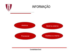 Contabilidade Geral
INFORMAÇÃO
Histórica
Previsional
Geral ou externa
Analítica ou interna
 