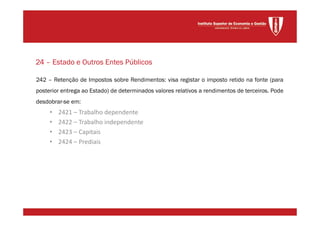 242 – Retenção de Impostos sobre Rendimentos: visa registar o imposto retido na fonte (para
posterior entrega ao Estado) de determinados valores relativos a rendimentos de terceiros. Pode
desdobrar-se em:
• 2421 – Trabalho dependente
• 2422 – Trabalho independente
• 2423 – Capitais
• 2424 – Prediais
24 – Estado e Outros Entes Públicos
 