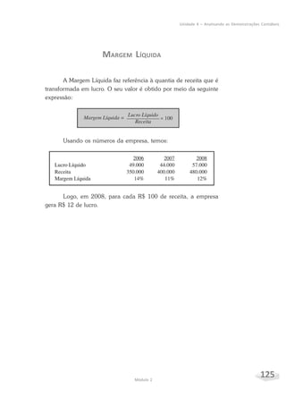 125Módulo 2
Unidade 4 – Analisando as Demonstrações Contábeis
MARGEM LÍQUIDA
A Margem Líquida faz referência à quantia de receita que é
transformada em lucro. O seu valor é obtido por meio da seguinte
expressão:
Usando os números da empresa, temos:
Logo, em 2008, para cada R$ 100 de receita, a empresa
gera R$ 12 de lucro.
 